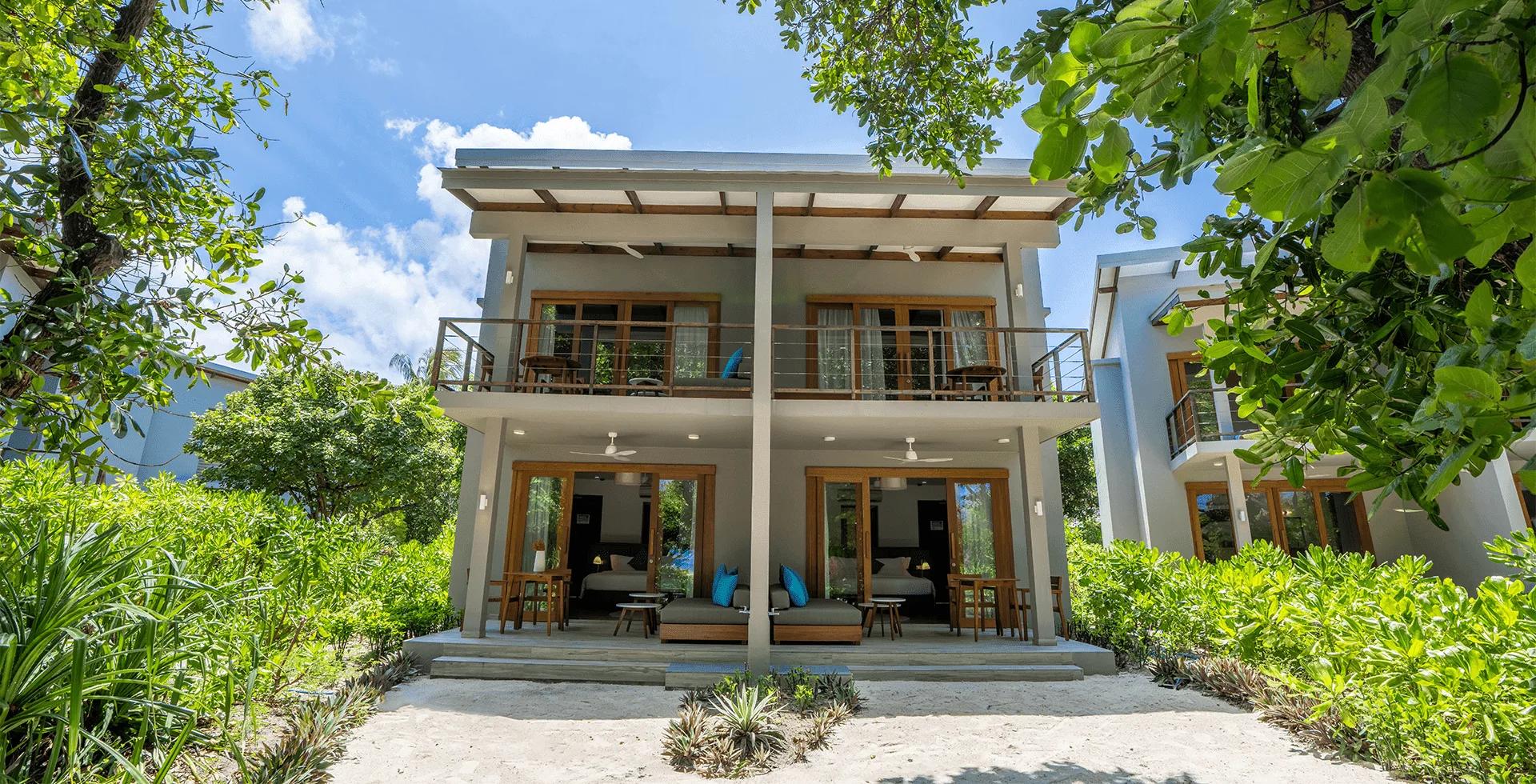 The exterior of a Sunset Family Sky Suite at Ifuru Island Maldives