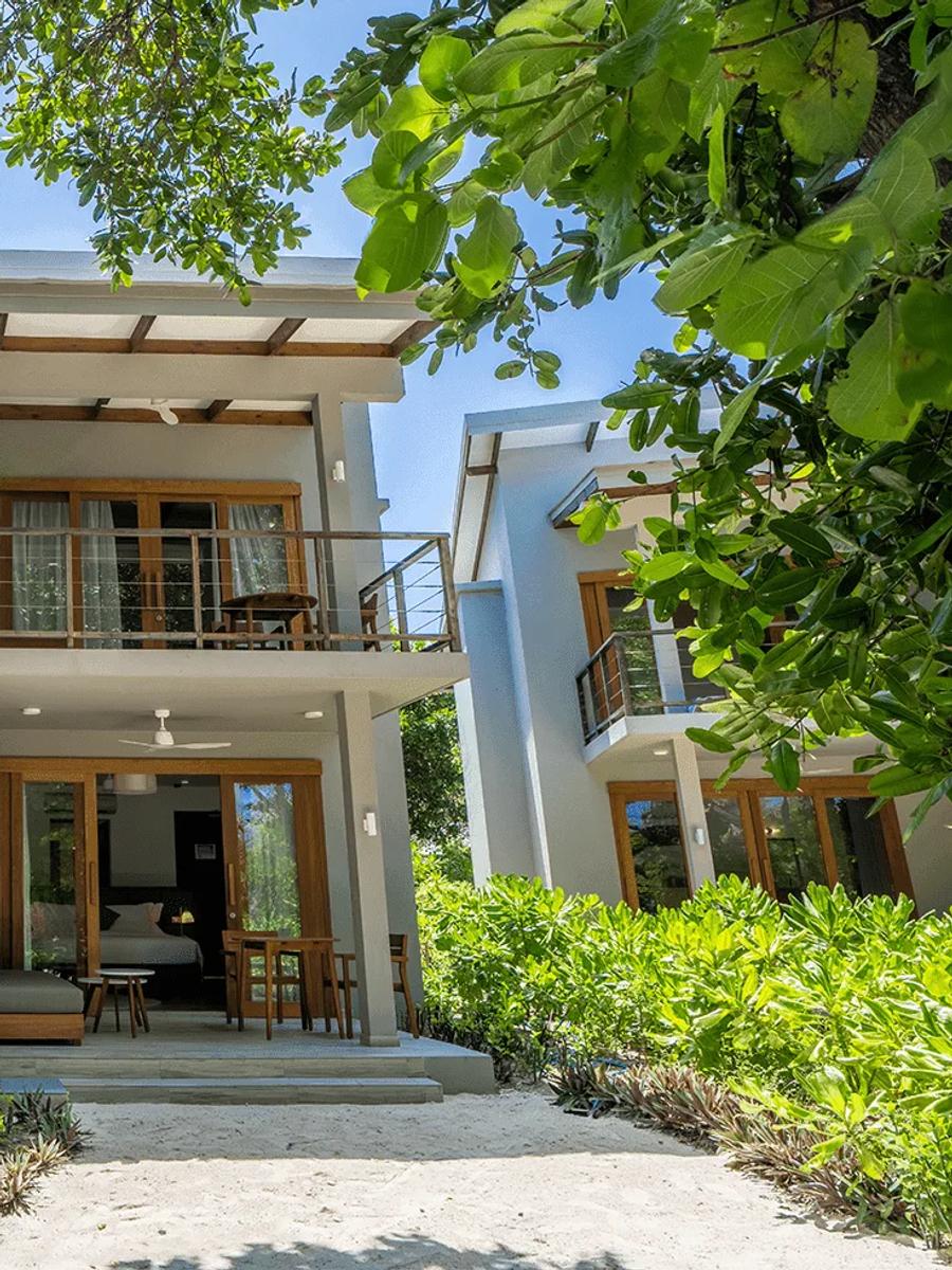 The exterior of a Sunset Family Sky Suite at Ifuru Island Maldives
