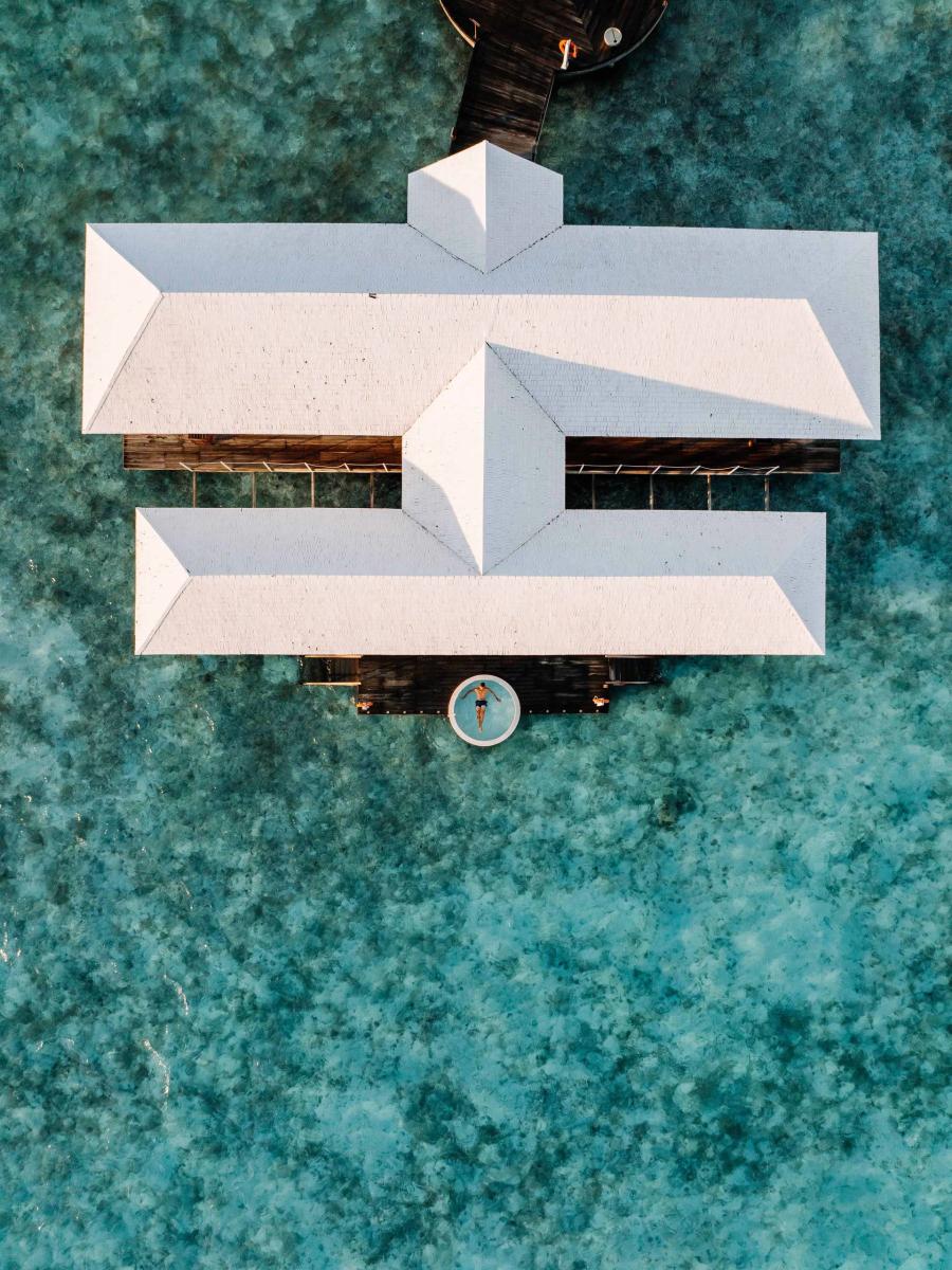 Aerial view of a Two Bedroom Pool Water Villa's private pool at Diamonds Athuruga
