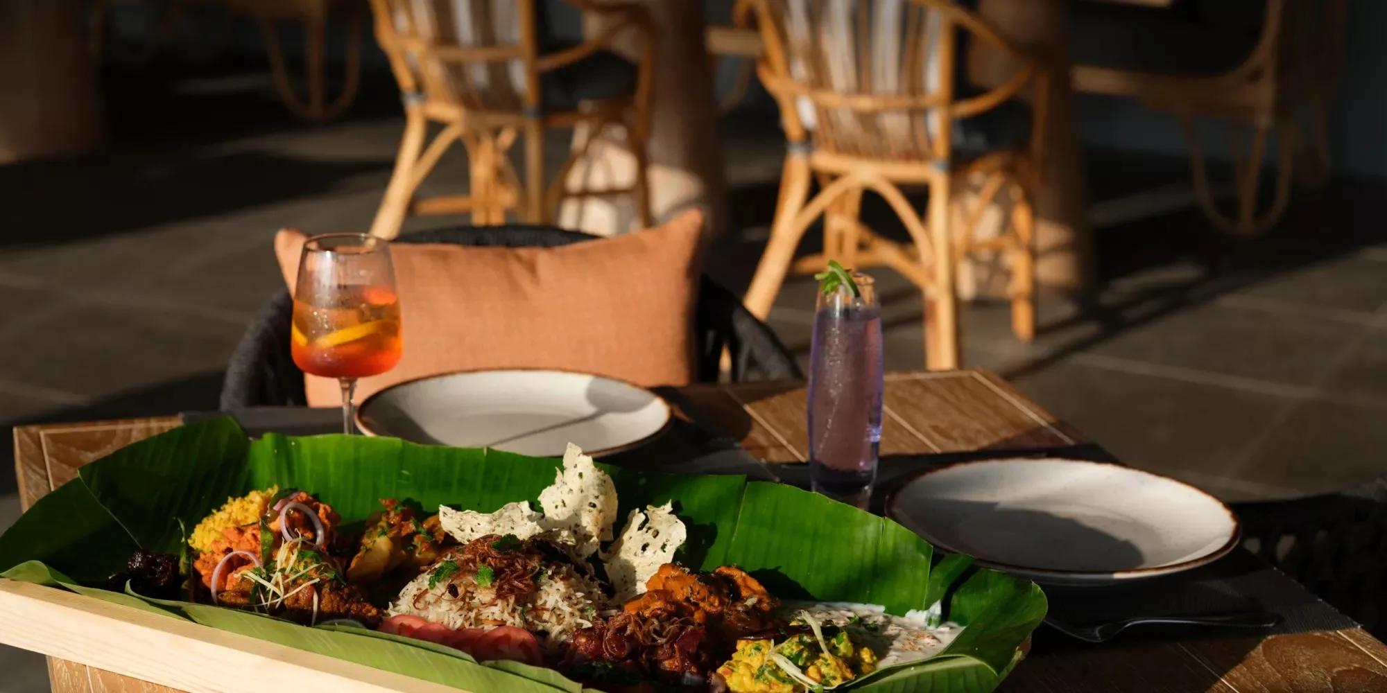 A banana-leaf platter of Indian, Sri Lankan and Maldivian dishes at Thari Restaurant, Noku Maldives
