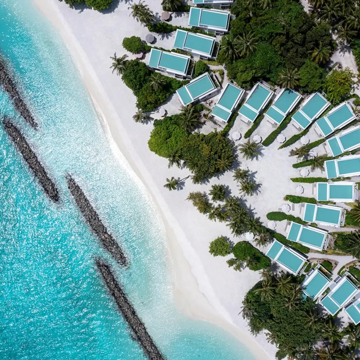 Aerial view of Niva Dhigali's fan-shaped run of villas curving along the beach, jungle behind and reef offshore