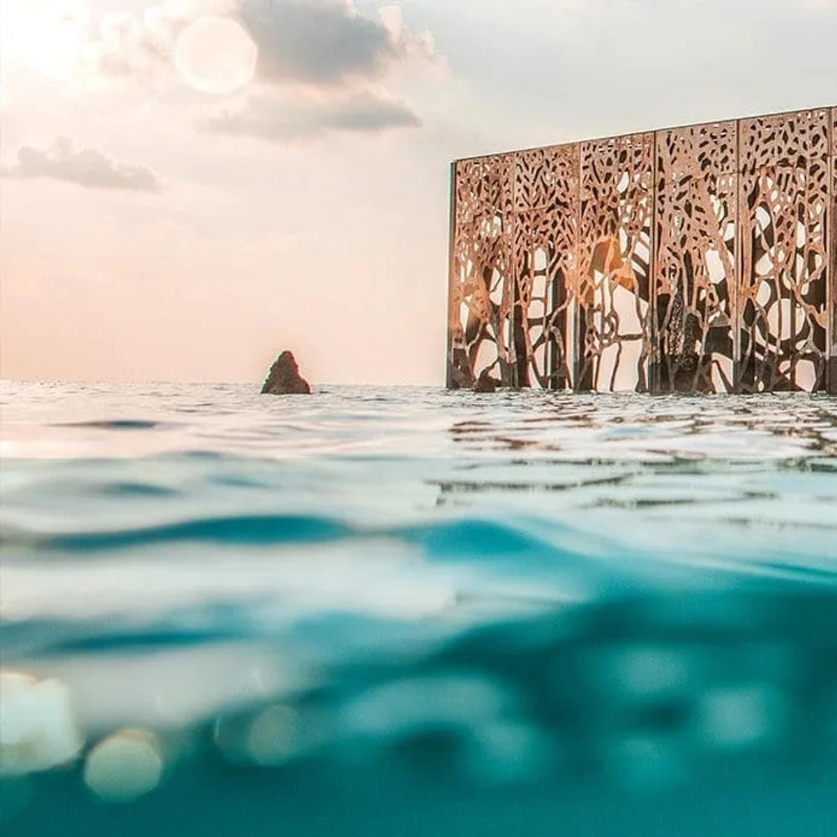 Guests visiting a coral restoration installation at a Maldives resort