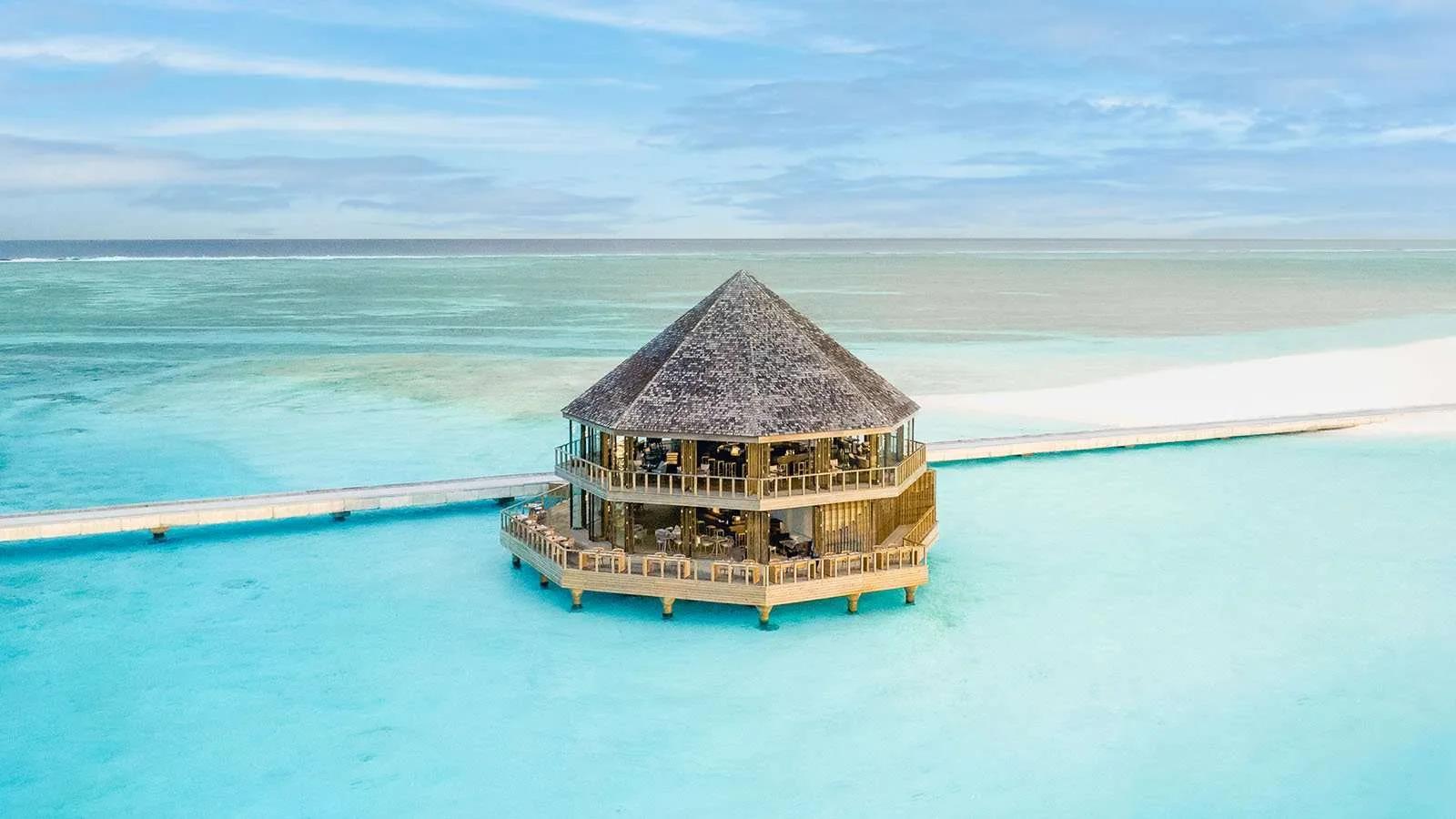 Umi Restaurant's octagonal overwater pavilion, built on the bridge between Mabin and Dheru directly above the Jawakara House Reef