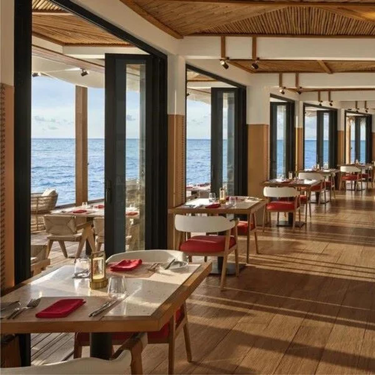 Interior seating area of Sea.Fire.Salt., Anantara Dhigu's grill restaurant