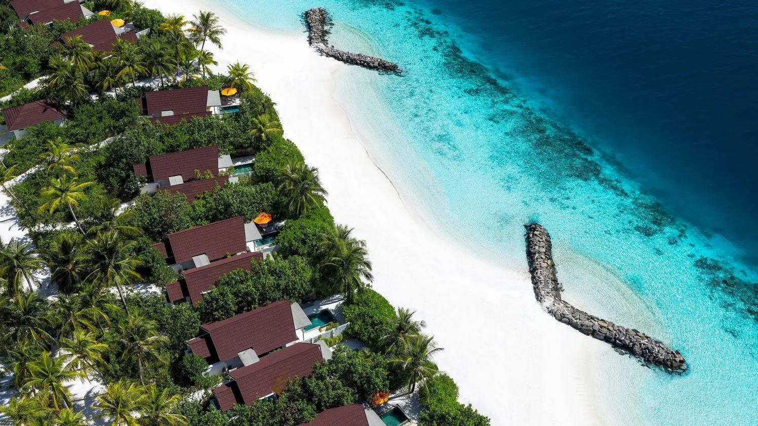 Aerial view of SunNest Beach Pool Villas set among palm trees along OBLU SELECT Lobigili's shoreline, each with a private pool