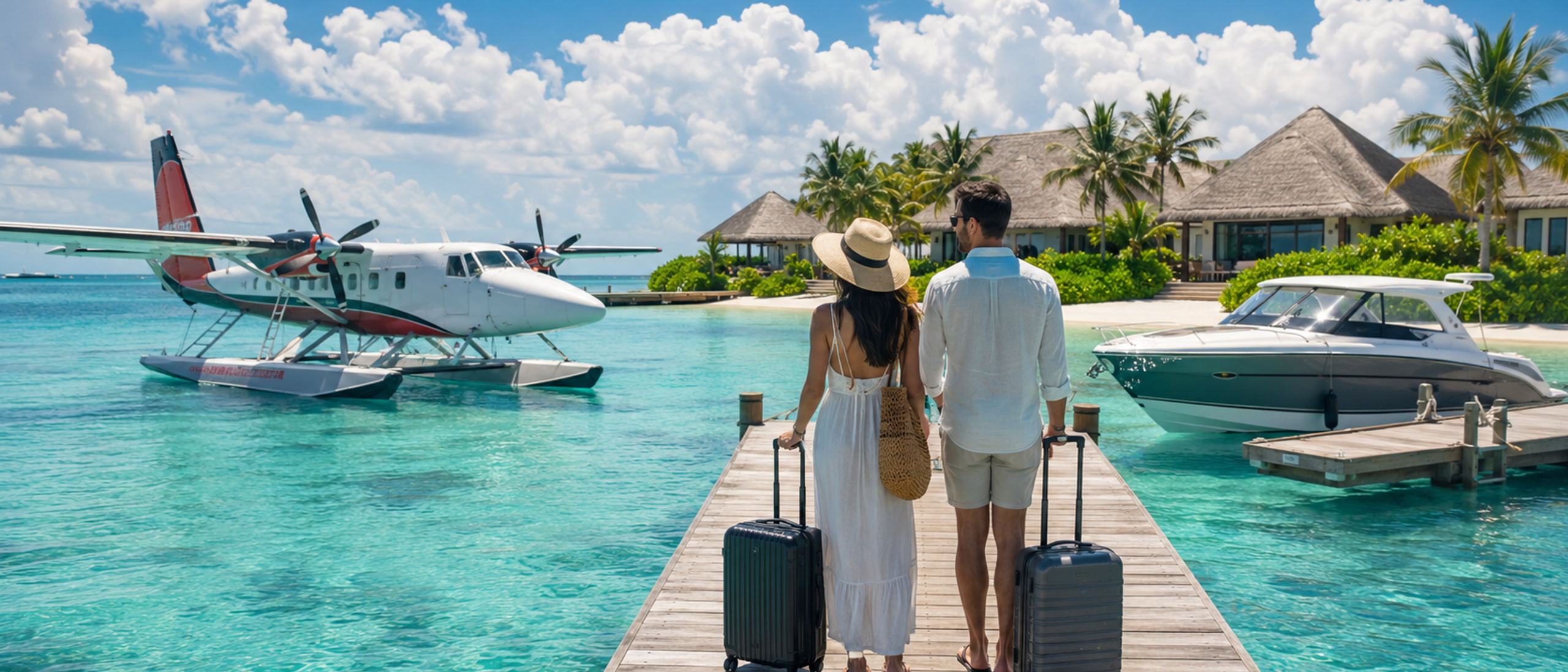 Maldives seaplane on turquoise lagoon alongside luxury resort speedboat