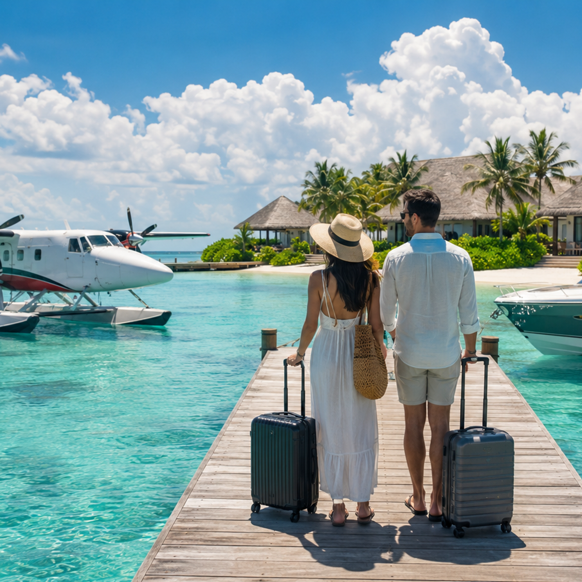 Maldives seaplane on turquoise lagoon alongside luxury resort speedboat