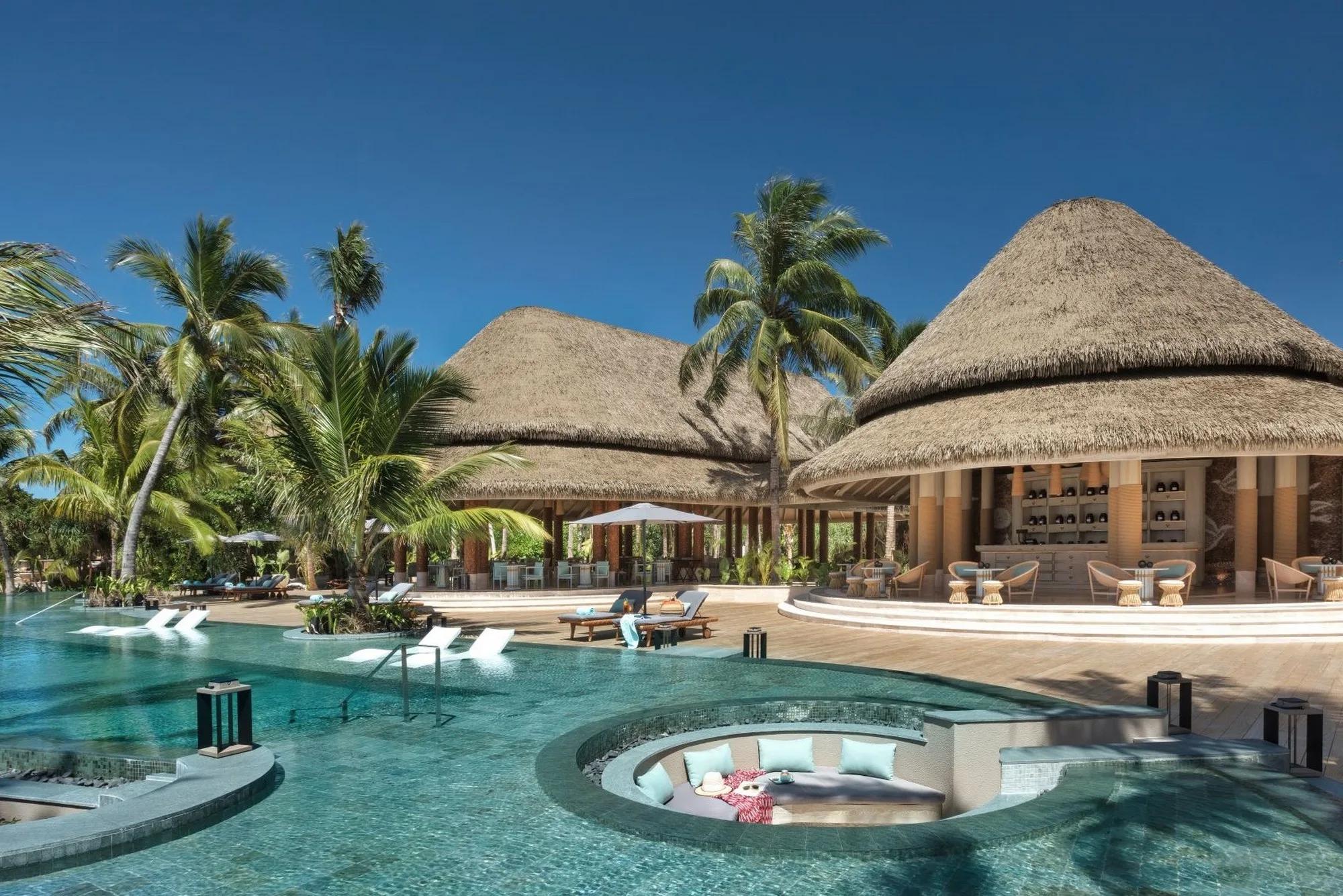 The poolside dining deck near MOJO at Joali Being — the Culinary Learning Centre has no dedicated published photo, so this scene from the resort's dining area stands in here