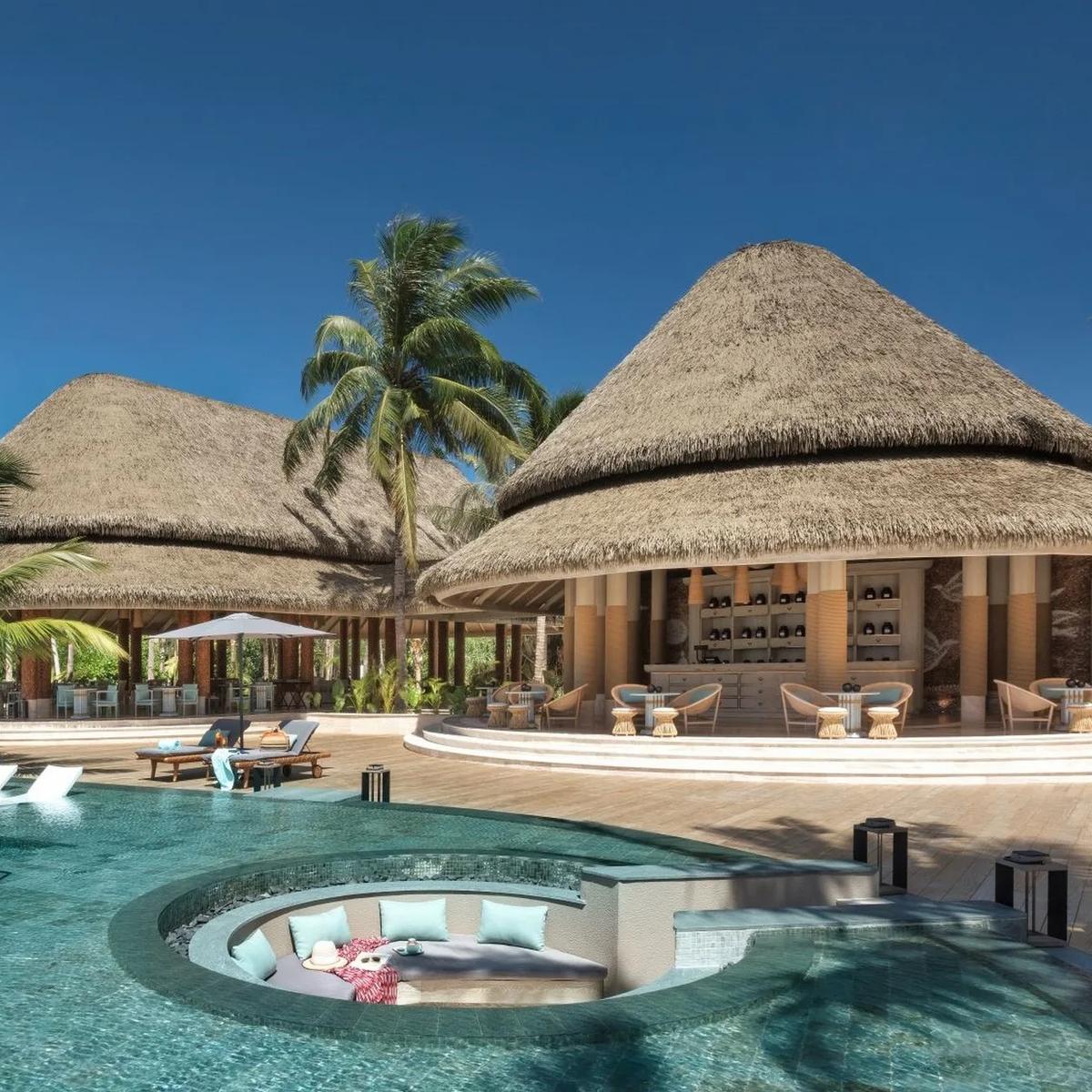 The poolside dining deck near MOJO at Joali Being — the Culinary Learning Centre has no dedicated published photo, so this scene from the resort's dining area stands in here