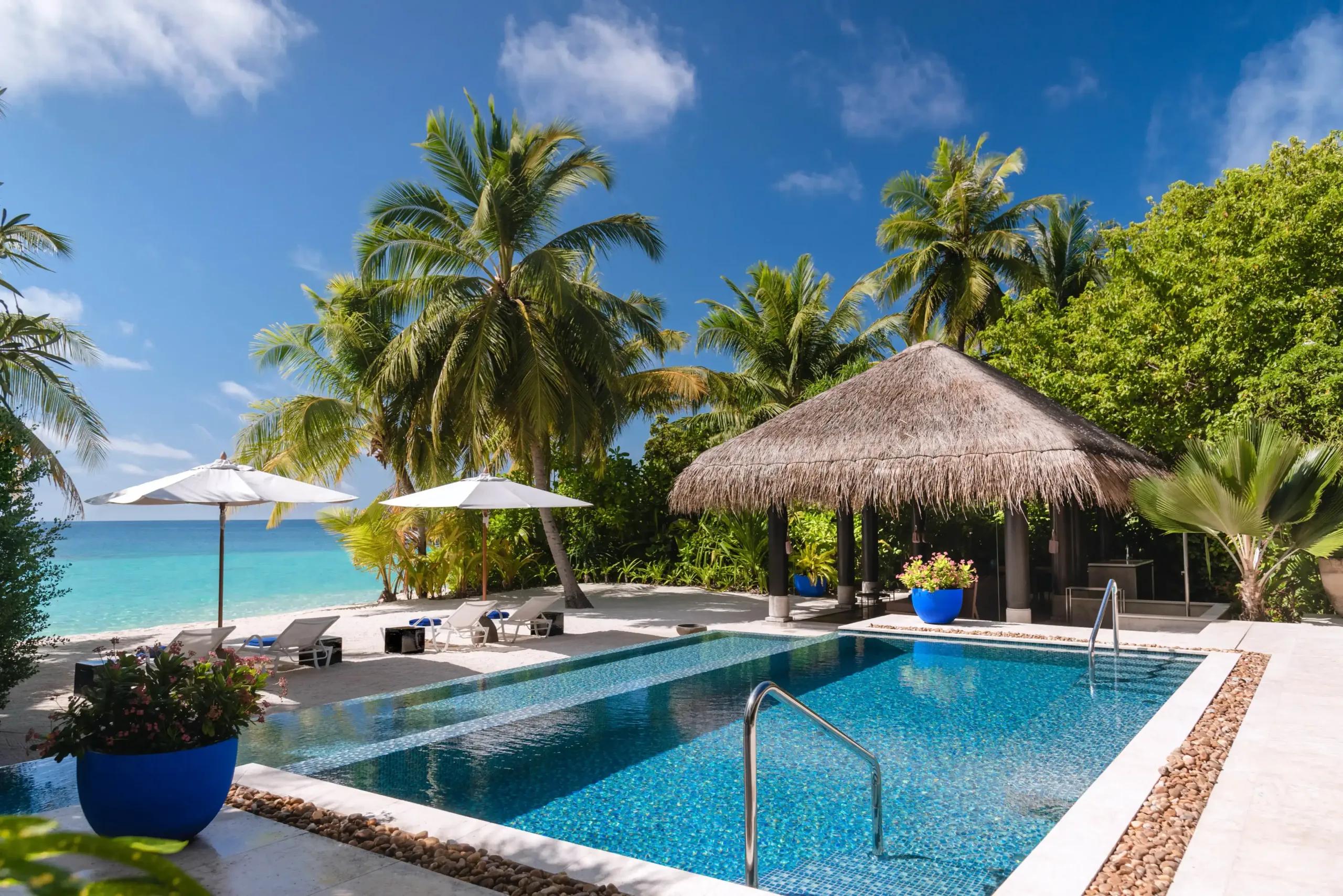A Beach Pool House's pool and thatched pavilion set directly on the beach, palm trees and open sea beyond