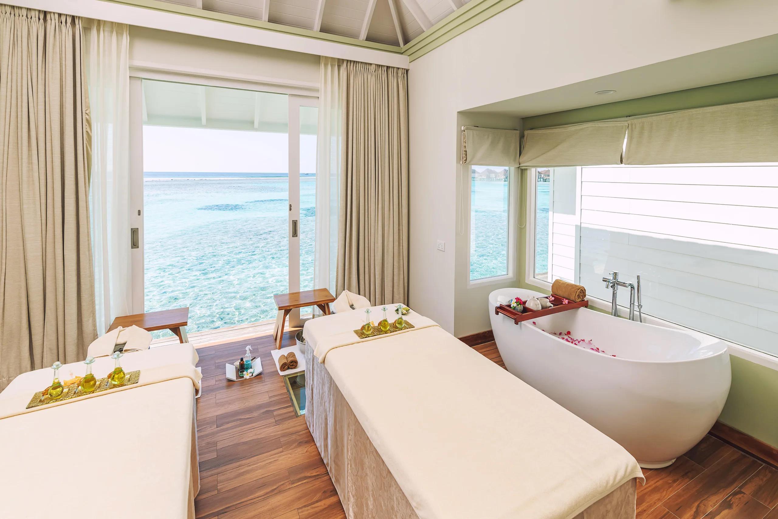 A spa treatment space at Sun Siyam Olhuveli, one of three spas spread across the resort's three islands