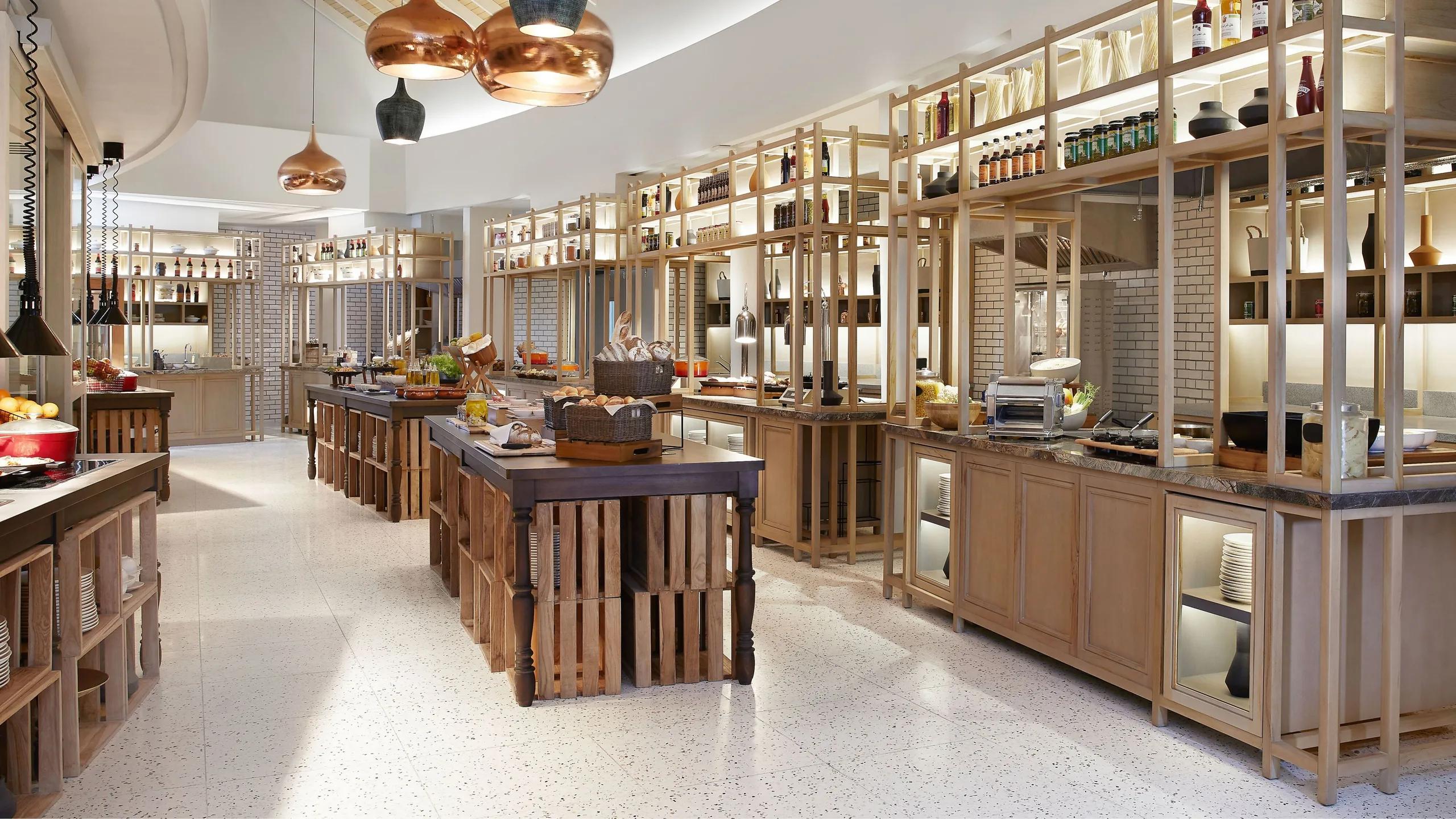 A breakfast buffet spread at Waves Café