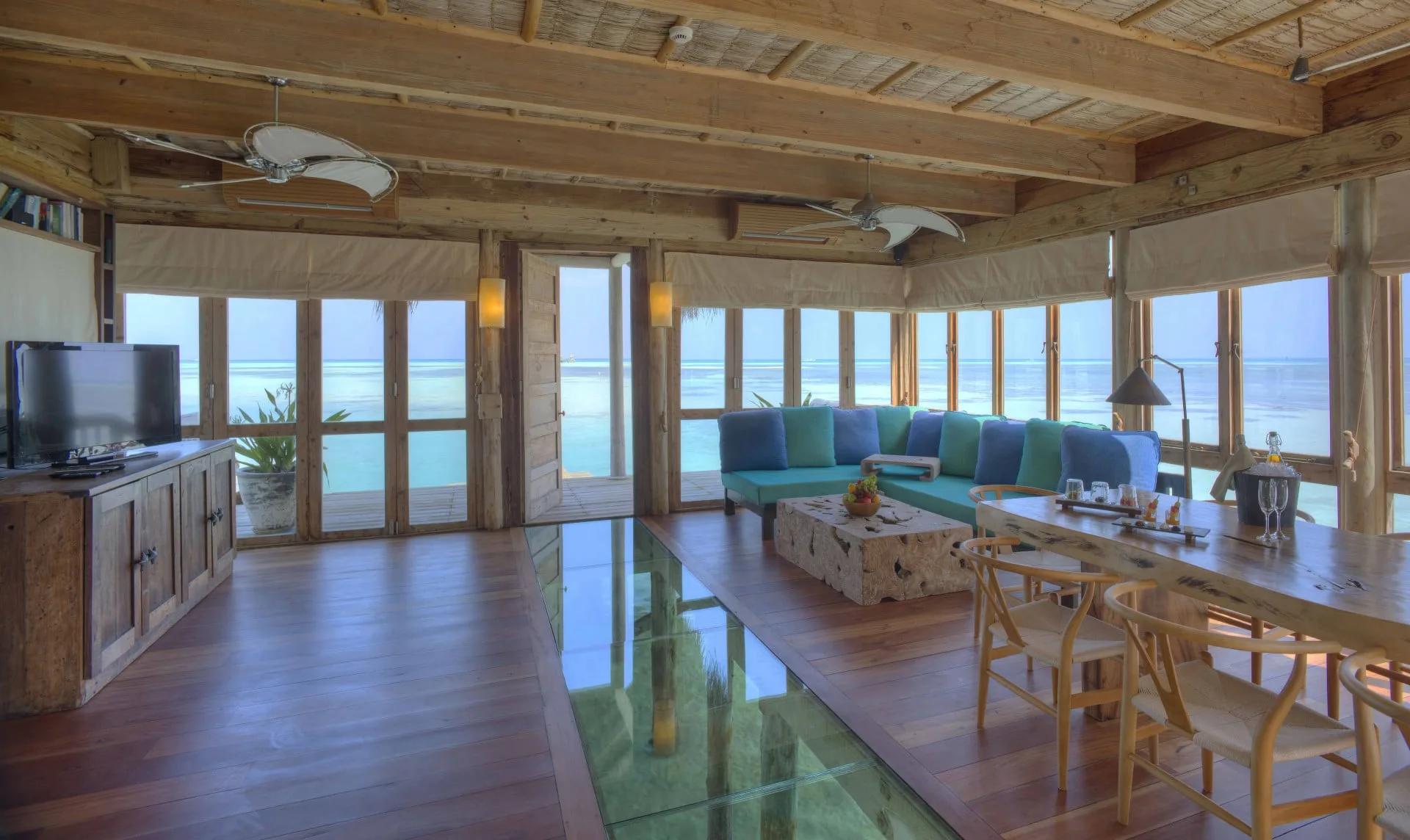The entrance living room of The Private Reserve, Gili Lankanfushi's 1,700 sqm villa