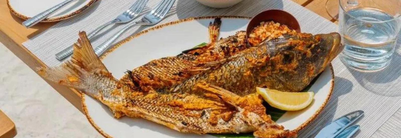 A whole grilled reef fish plated at Faru Restaurant, Vilamendhoo's seafood venue