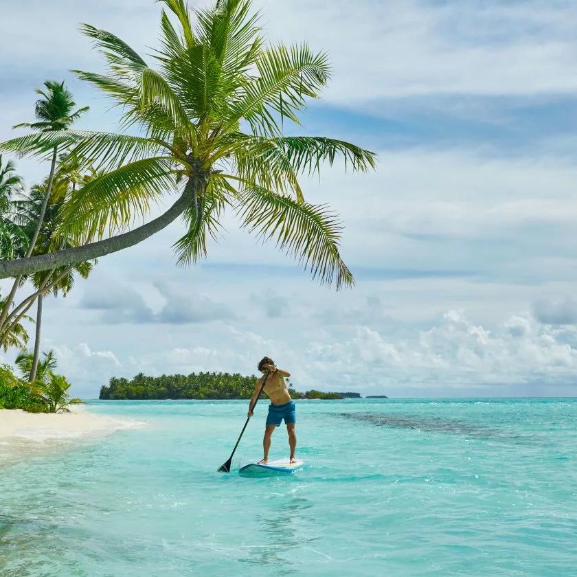 A man paddleboarding across shallow turquoise water beneath an overhanging palm tree