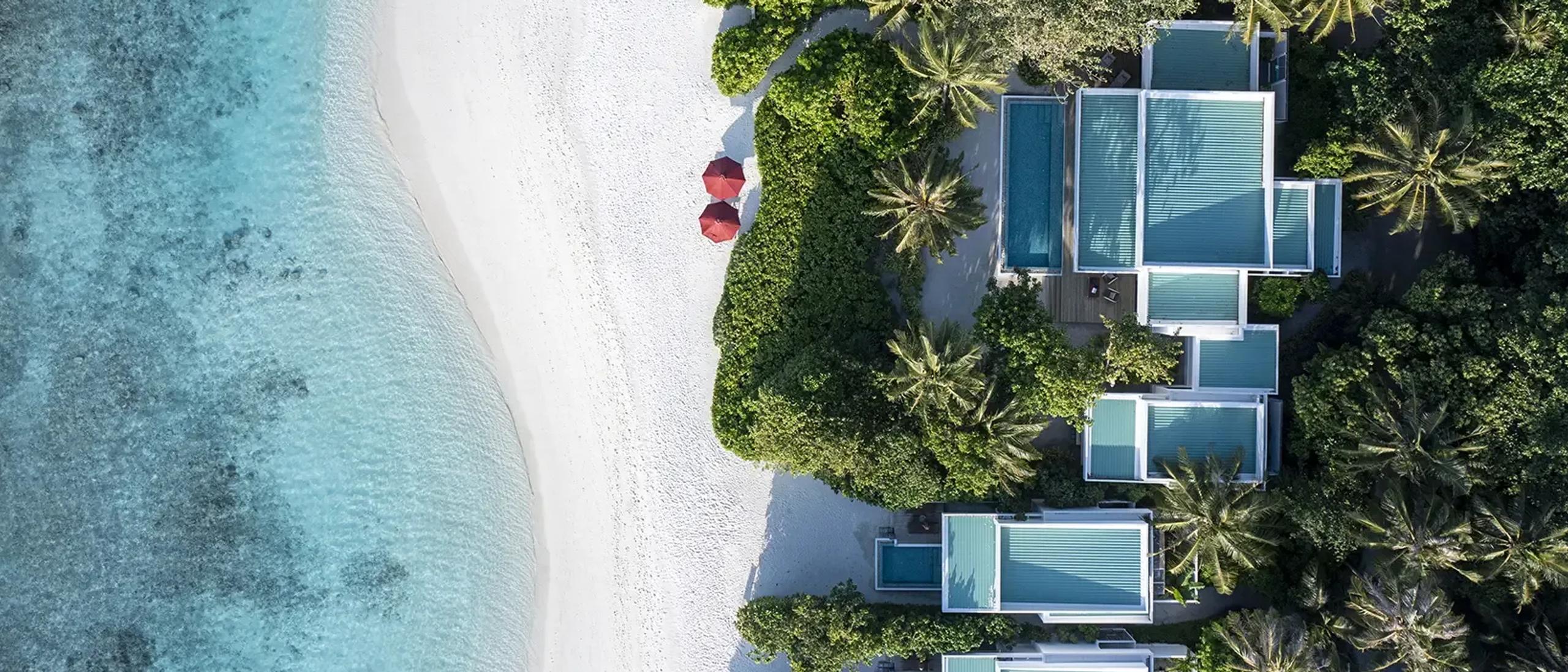Top-down aerial of Niva Dhigali's beachfront villas and jungle, white sand meeting the reef edge