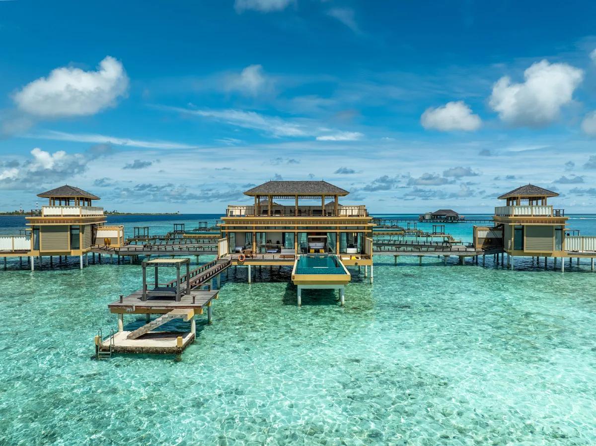 Exterior of a Deluxe In-Ocean Pool Villa over the lagoon at Angsana Velavaru