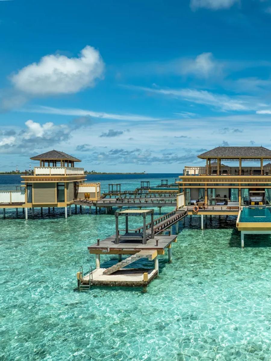 Exterior of a Deluxe In-Ocean Pool Villa over the lagoon at Angsana Velavaru