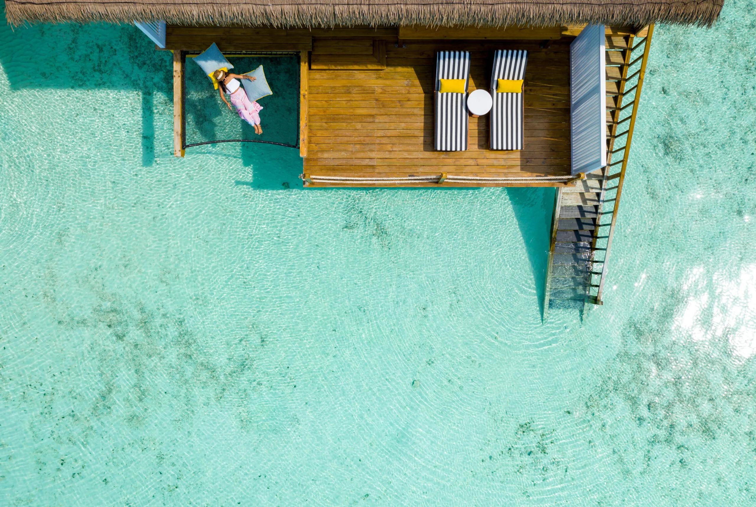 Aerial view of an Overwater Villa at SAii Lagoon Maldives