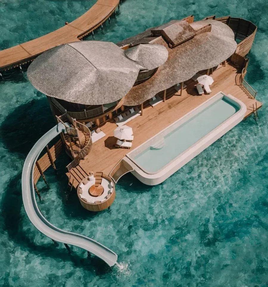 Villa 104, a two-bedroom water villa at Soneva Jani, seen from its deck