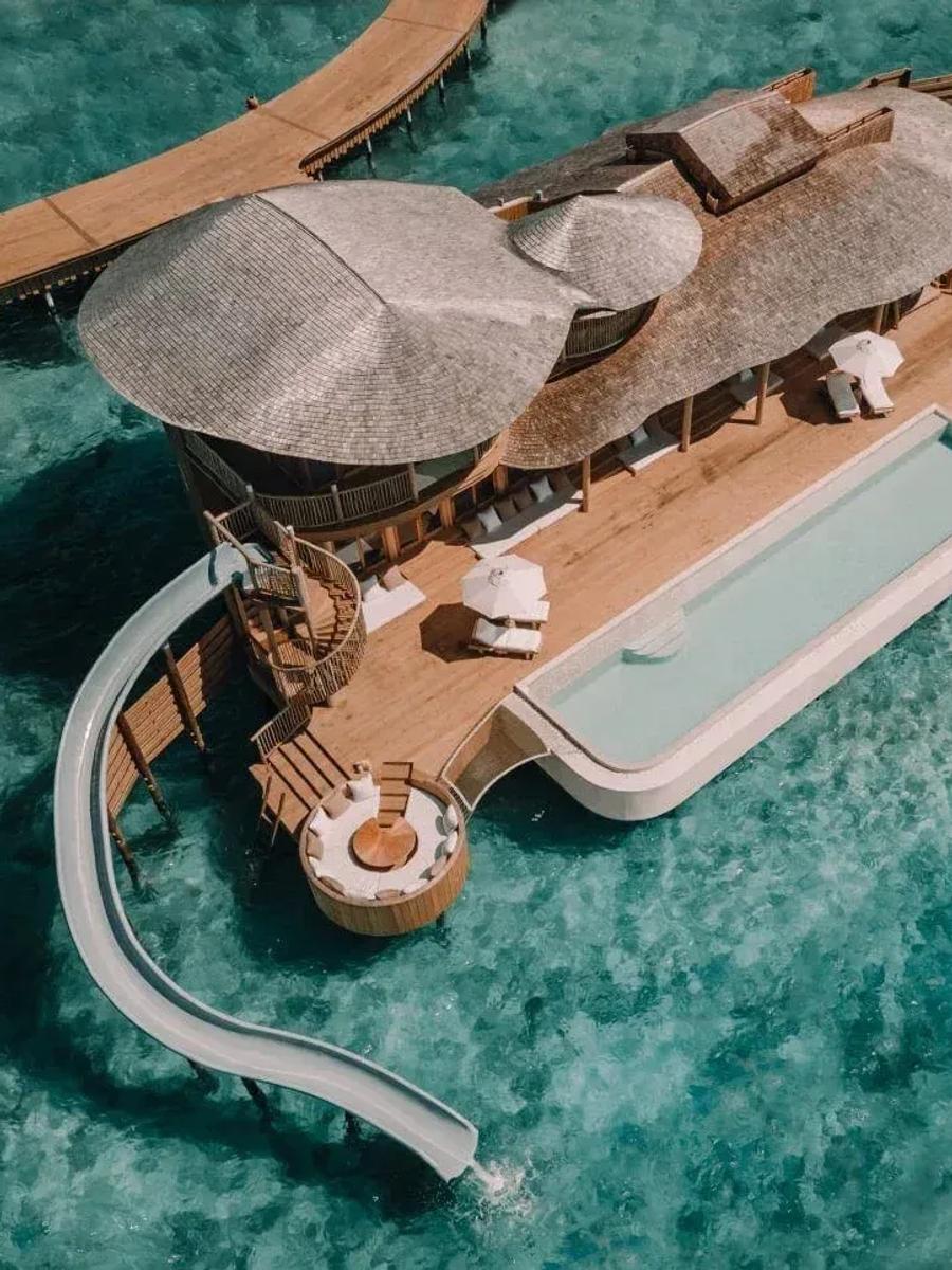 Villa 104, a two-bedroom water villa at Soneva Jani, seen from its deck