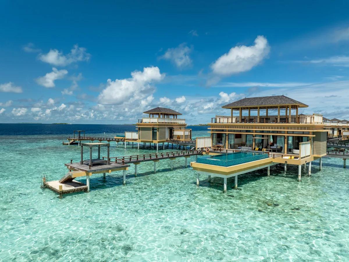 Exterior of the Deluxe In-Ocean Two Bedroom Pool Villa, a two-storey residence over the reef at Angsana Velavaru