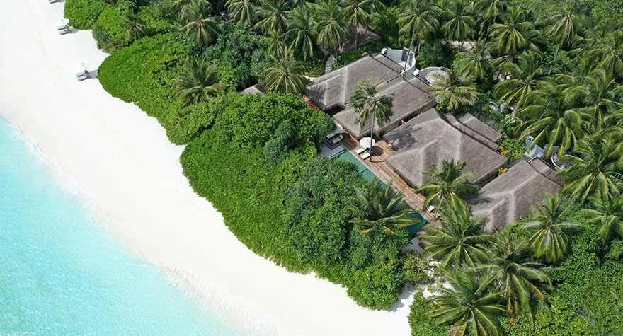 Aerial view of a Three Bedroom Beach Pool Residence at Anantara Kihavah Maldives Villas