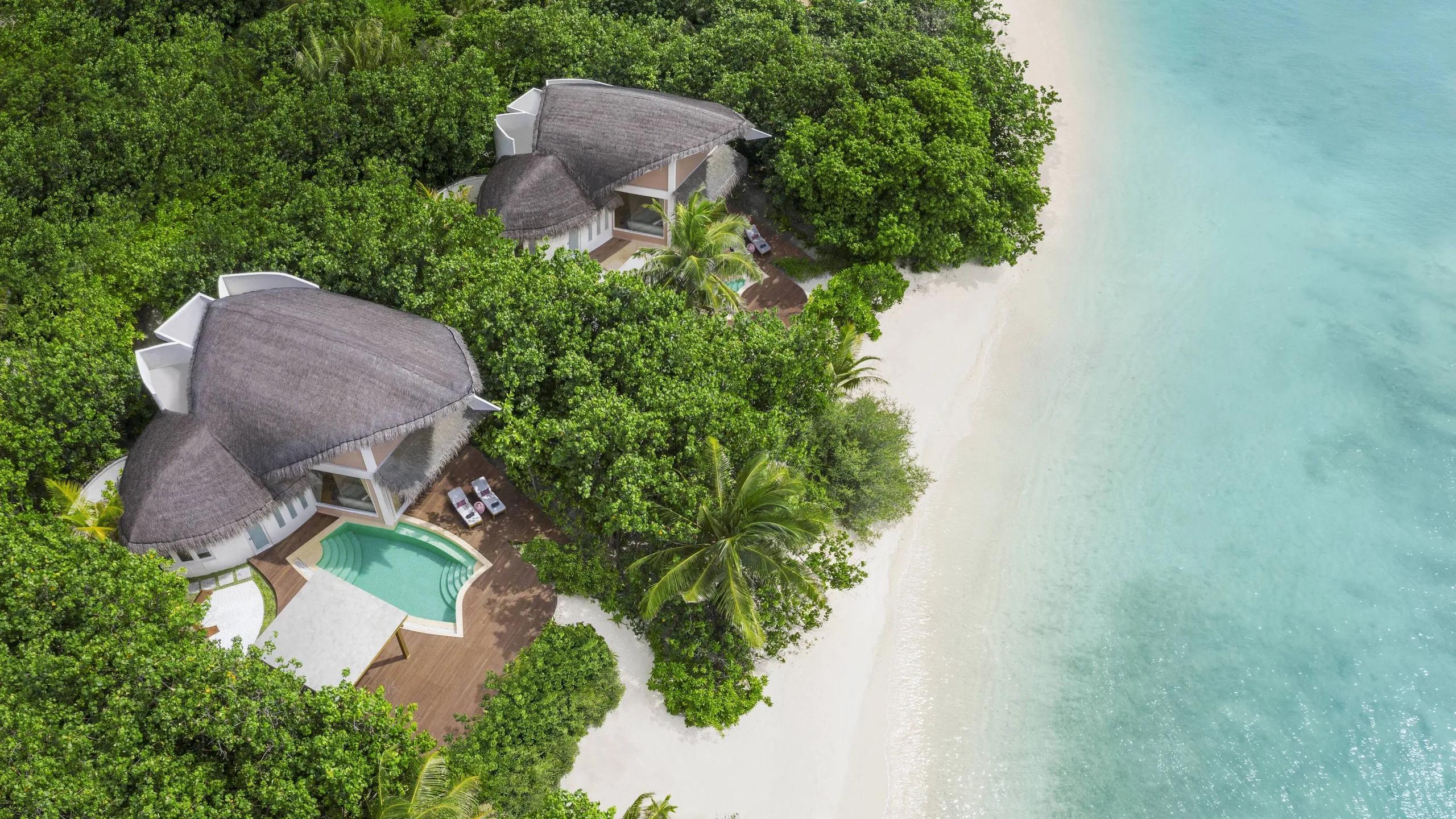 Aerial view of two Beach Pool Villas with private pools, set among trees just off the beach