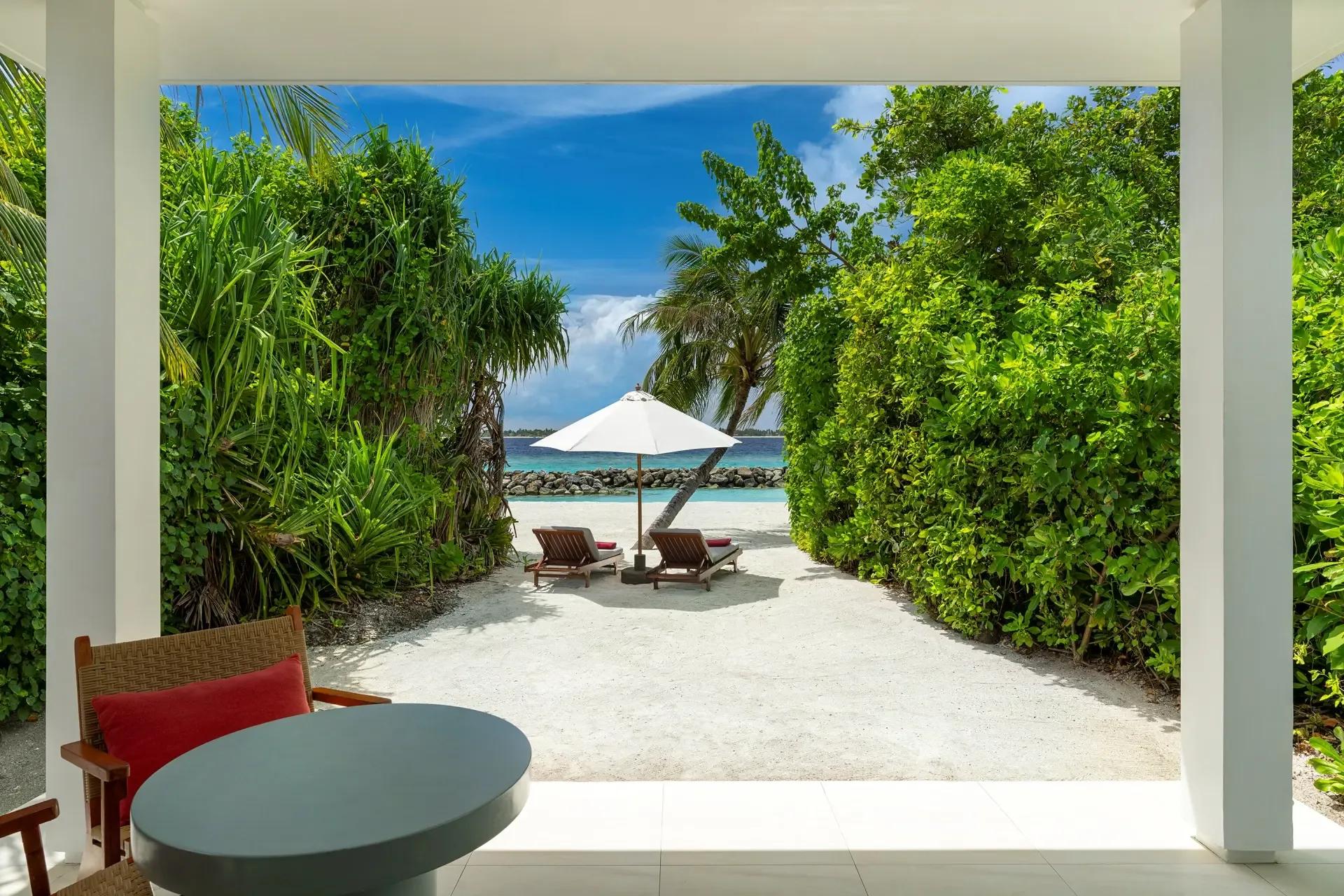 A hedge-lined path leading from a Beach Bungalow's terrace to sun loungers on the beach