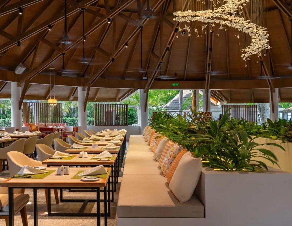 The dining room at Gallery restaurant, set tables beneath a hanging bird-shaped light installation and a high wooden roof