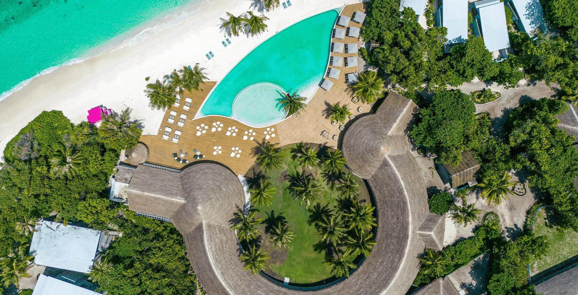 An aerial view of Ifuru Island Maldives and its lagoon in Raa Atoll