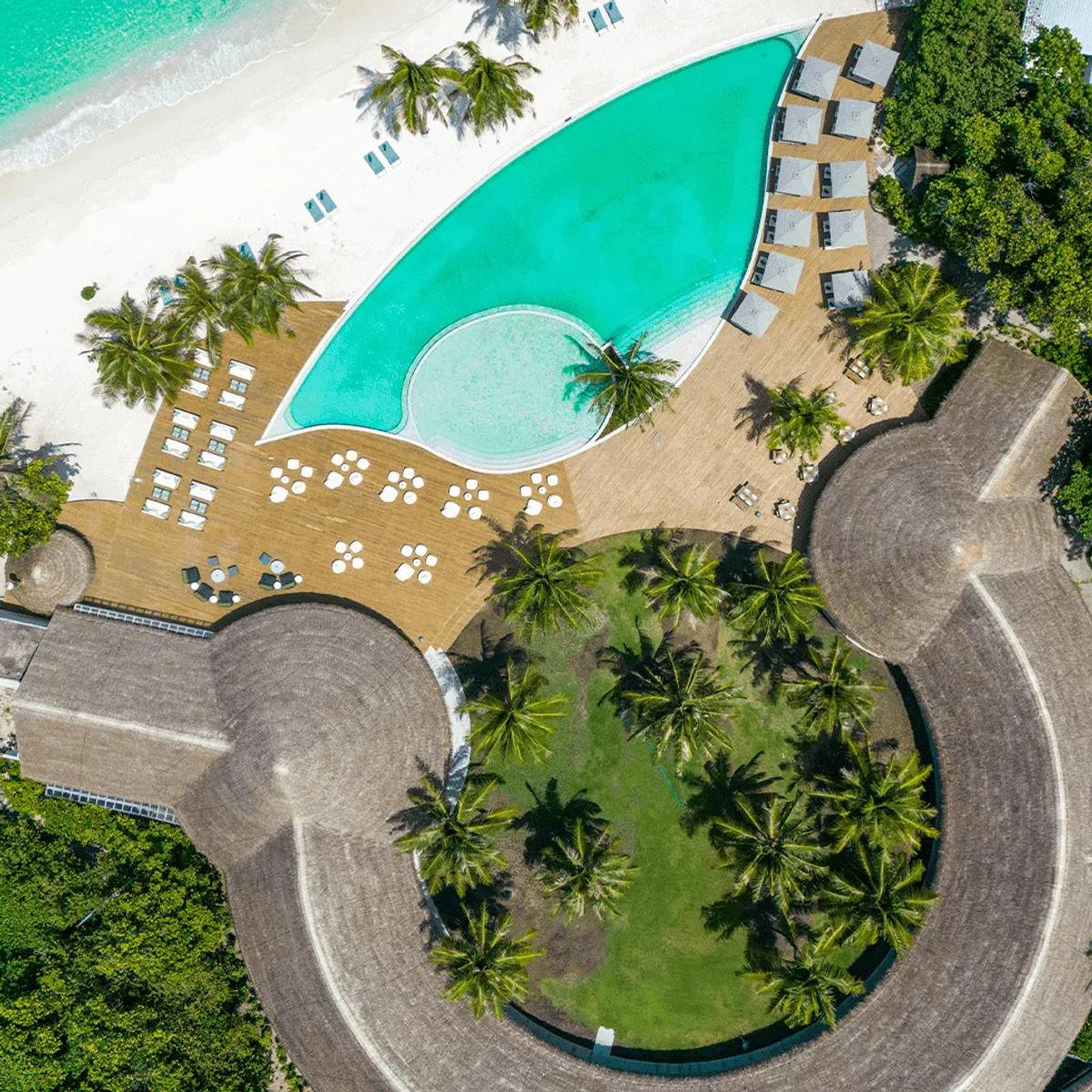 An aerial view of Ifuru Island Maldives and its lagoon in Raa Atoll