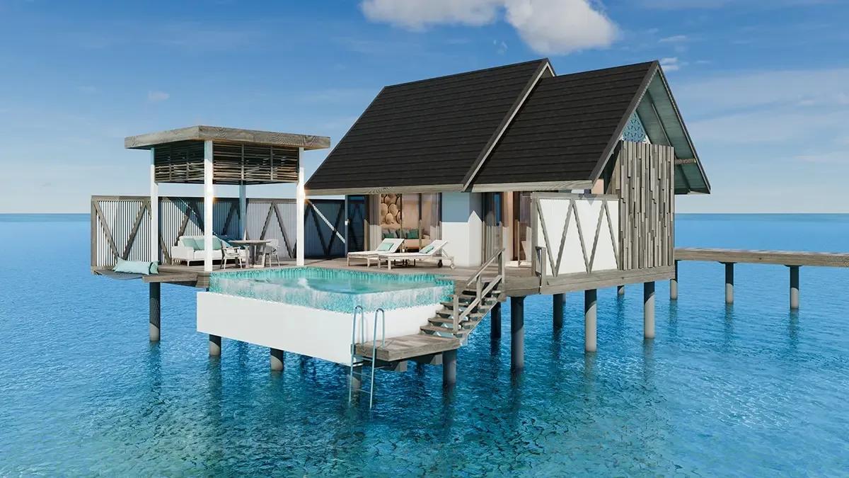 A Water Pool Villa's overwater deck and plunge pool above the lagoon