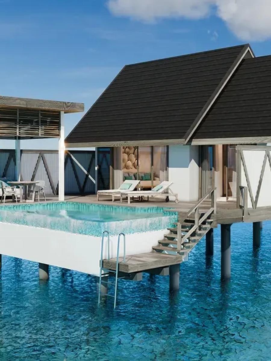 A Water Pool Villa's overwater deck and plunge pool above the lagoon
