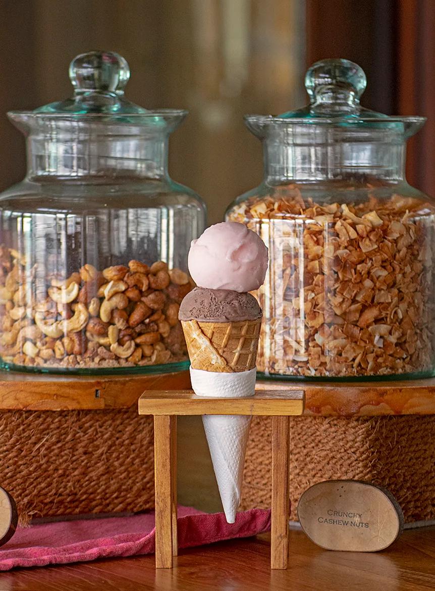 A two-scoop ice cream cone on a wooden stand in front of glass jars of cashew nuts and toasted coconut