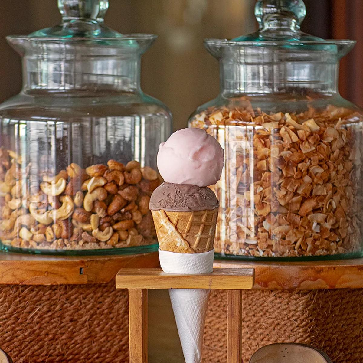 A two-scoop ice cream cone on a wooden stand in front of glass jars of cashew nuts and toasted coconut