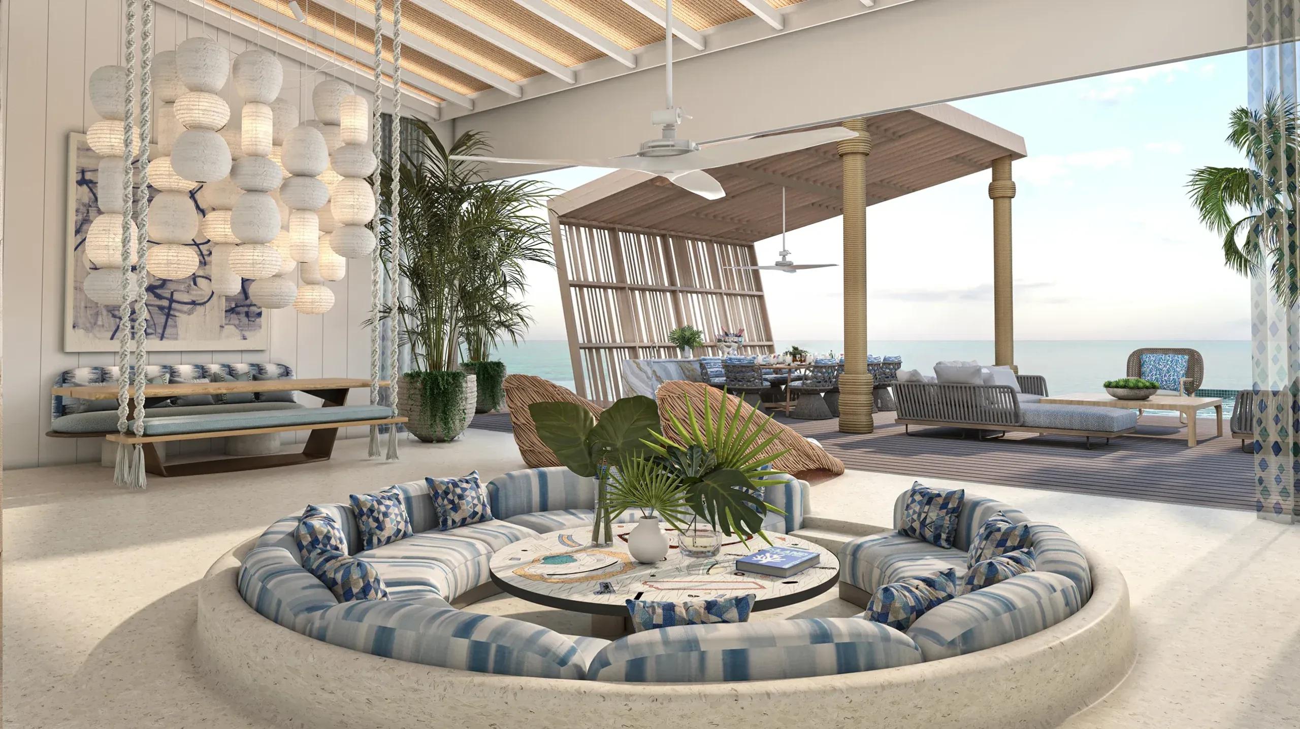 A covered lounge terrace at the Lagoon Residence, .Here, open to the ocean on both sides