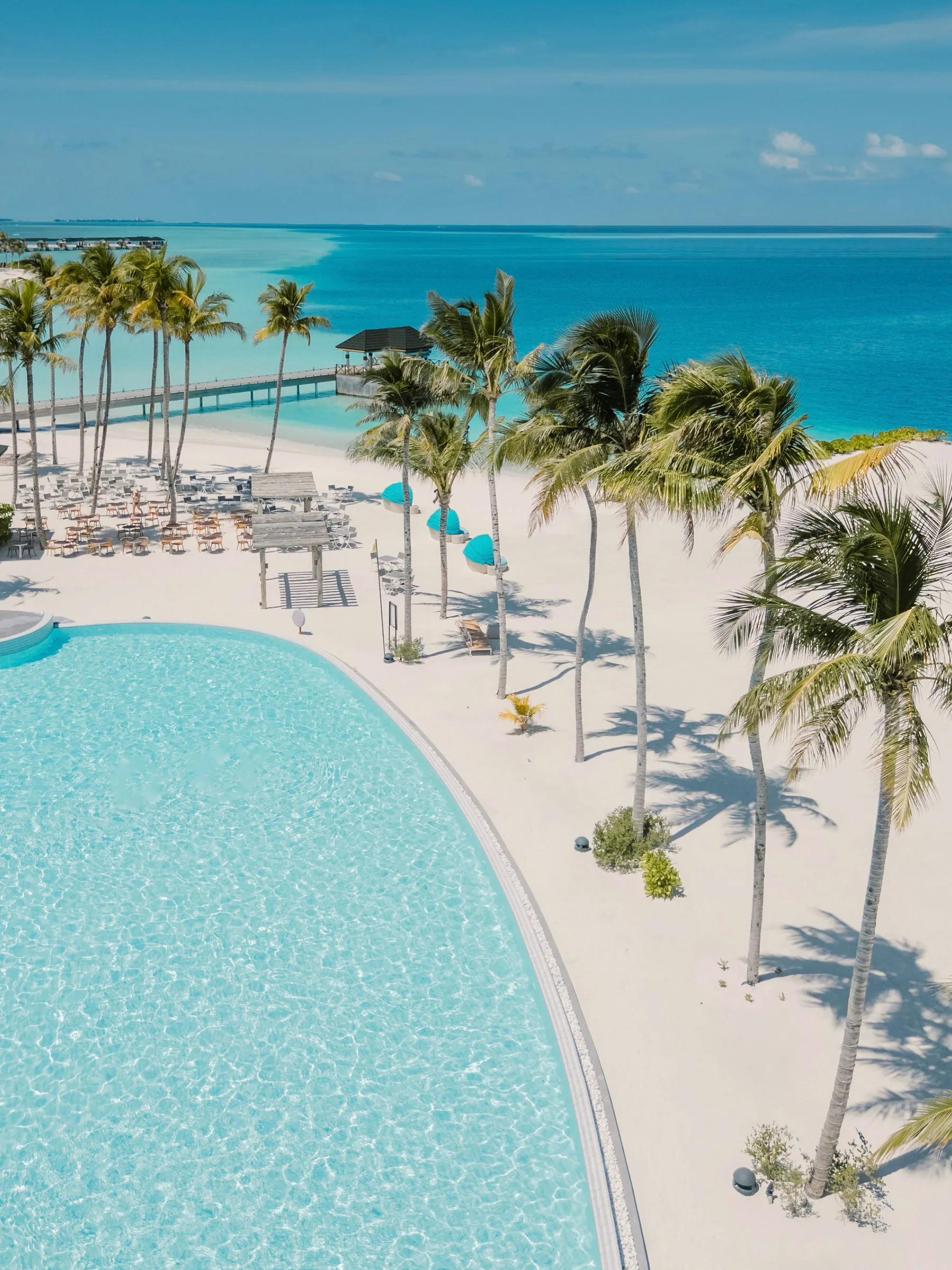 An aerial view of the main pool and poolside bar area, sun loungers and cabanas lining the deck toward the beach