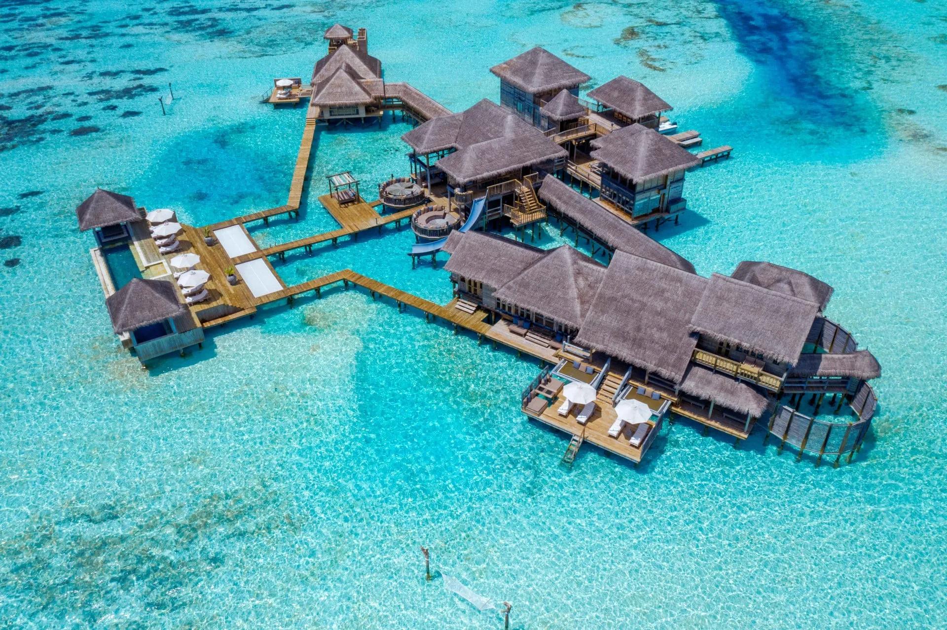 Aerial view of The Private Reserve, Gili Lankanfushi's 1,700 sqm standalone overwater villa