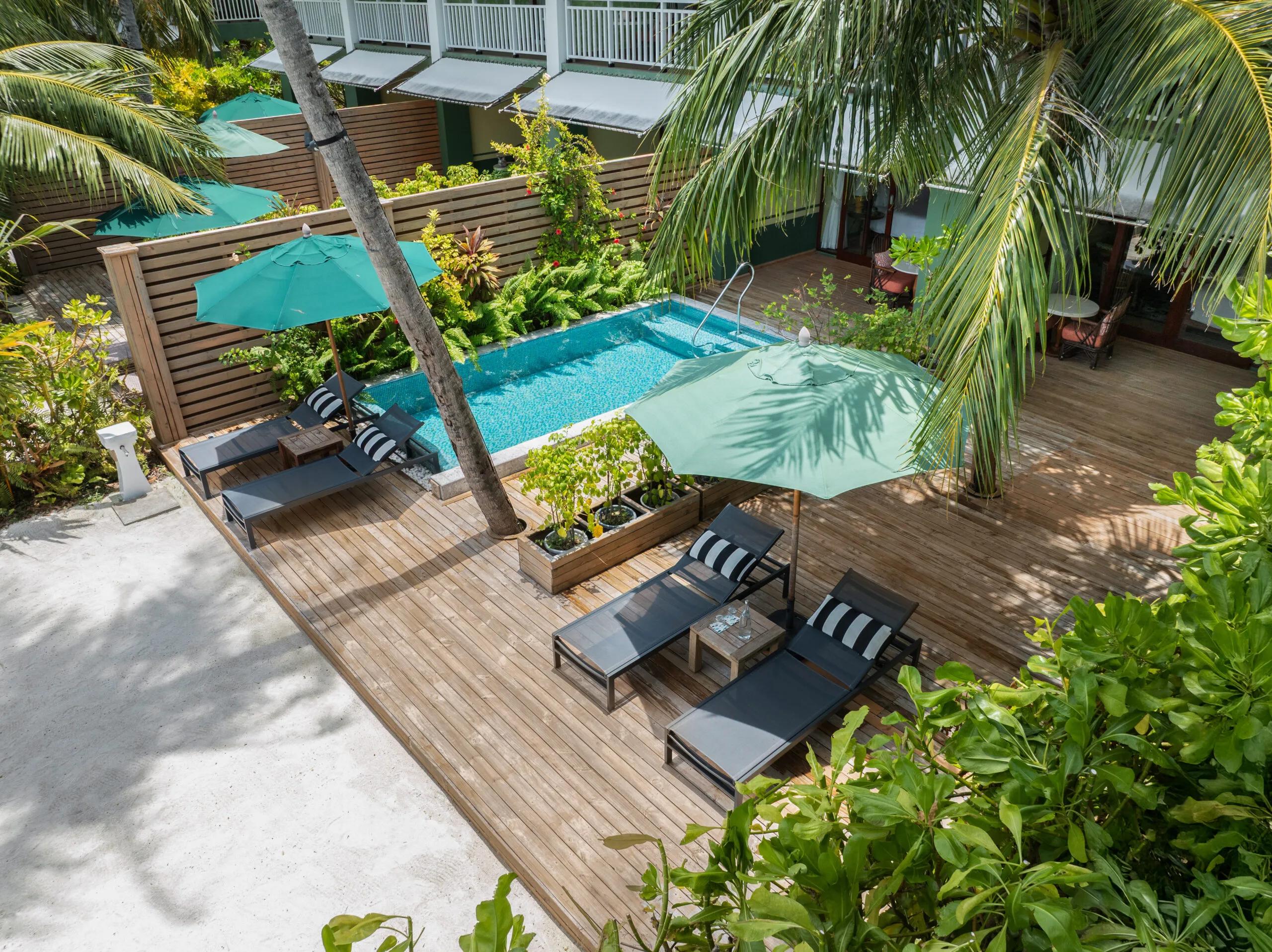 Aerial view of the 2 Bedroom Family Beach Room with Pool at SAii Lagoon Maldives, showing the private pool