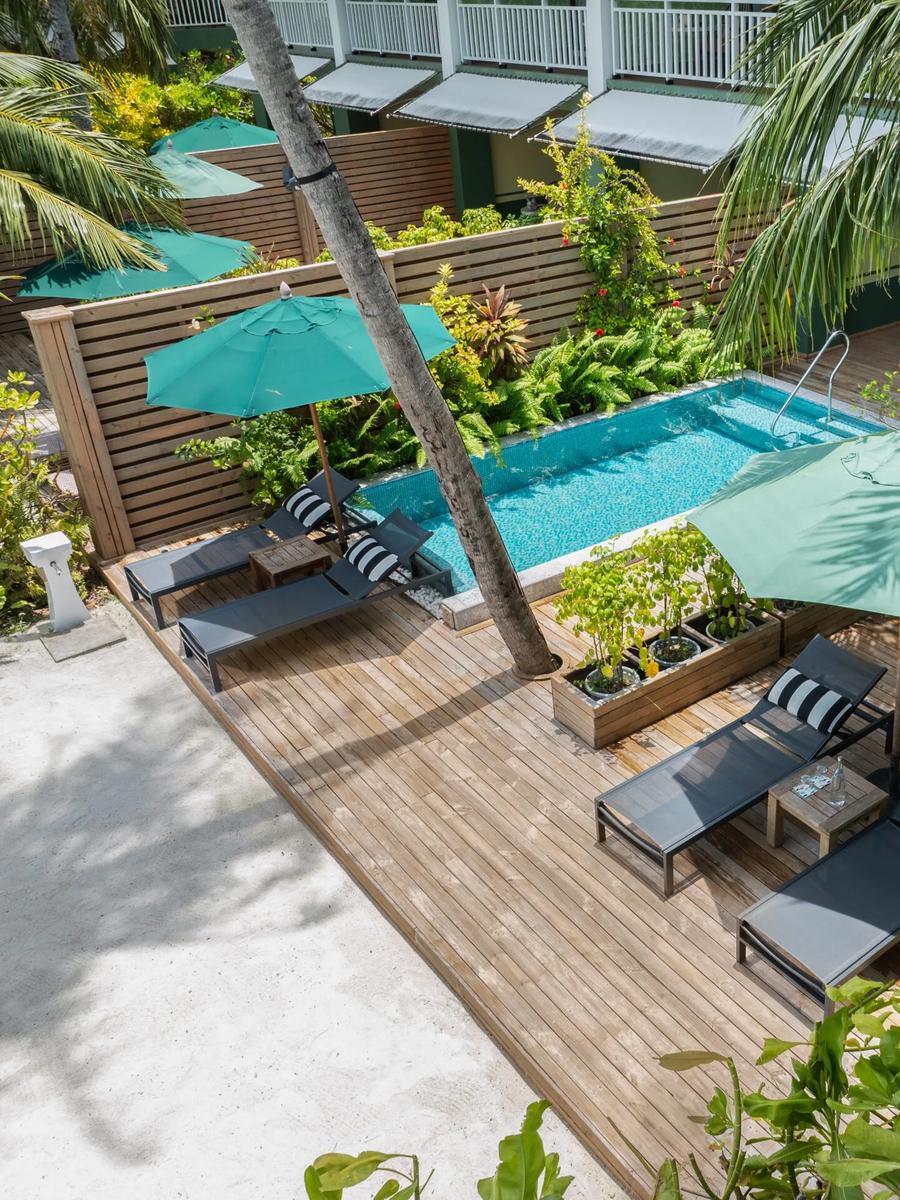 Aerial view of the 2 Bedroom Family Beach Room with Pool at SAii Lagoon Maldives, showing the private pool