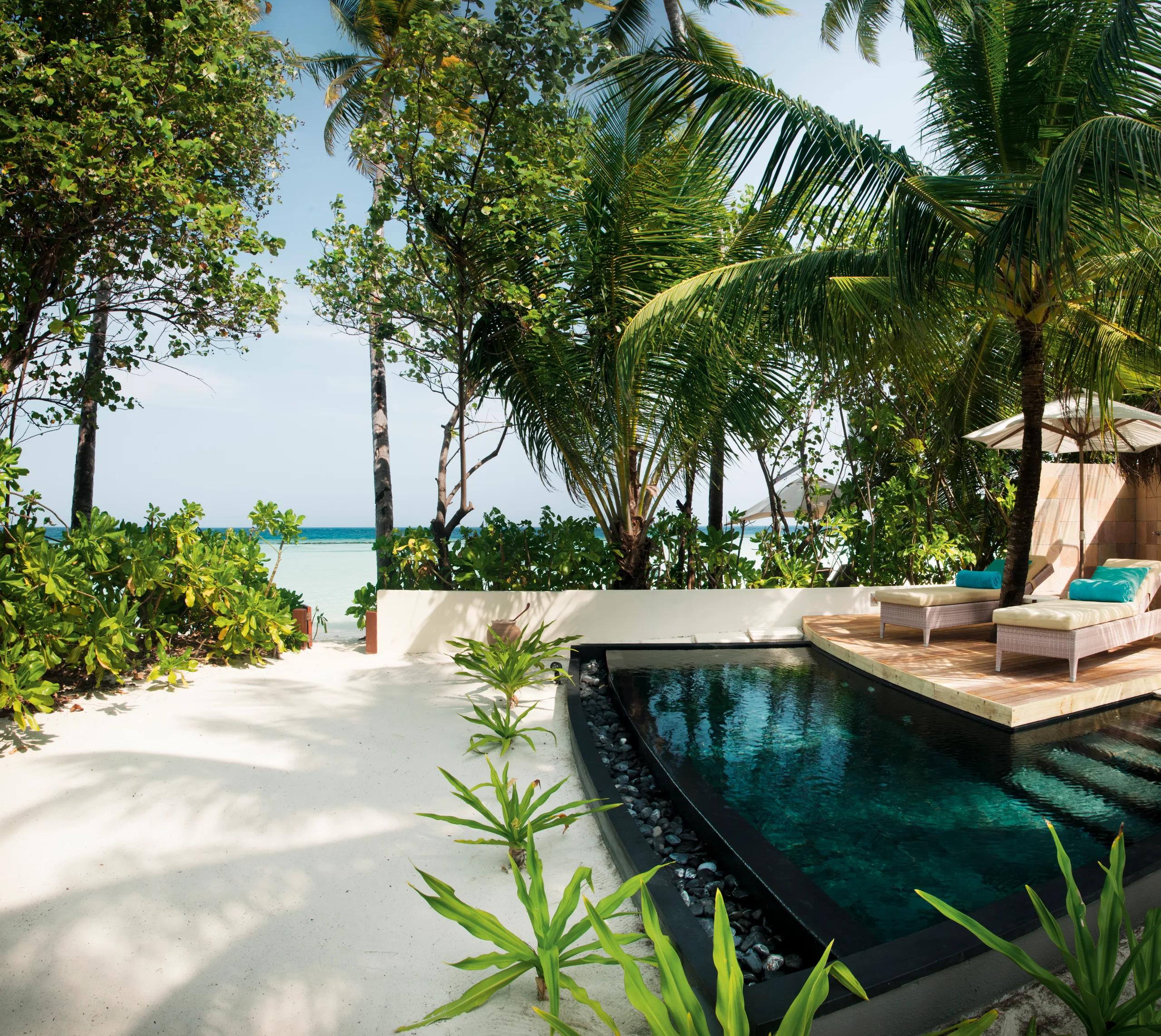 A Family Beach Villa's private plunge pool and sun loungers under a thatched umbrella, set in a garden with a low wall and the ocean visible beyond