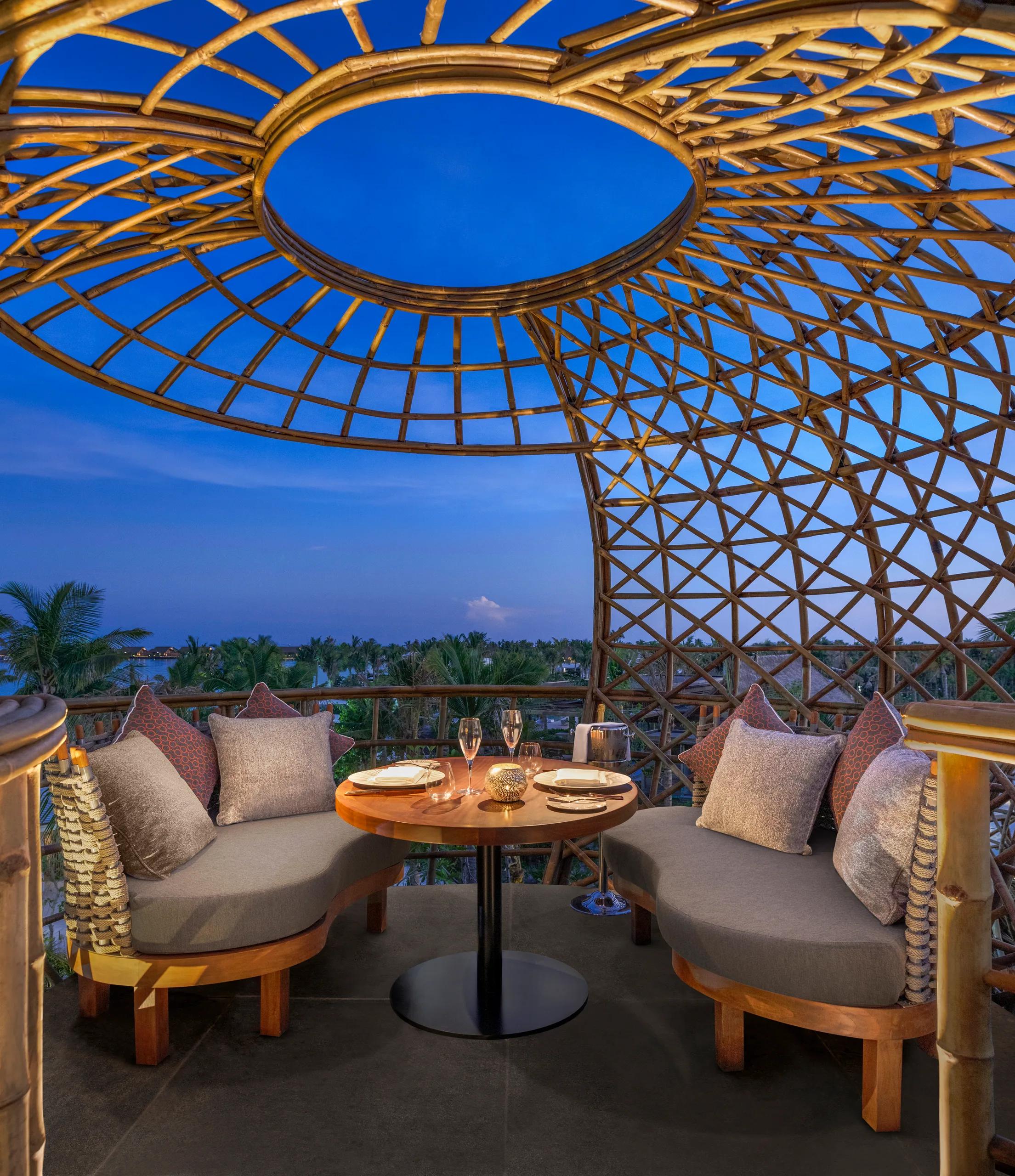 The interior of a Terra dining pod at Waldorf Astoria Maldives Ithaafushi — Bespoke/Destination Dining has no dedicated published photo, so this dining-pod interior stands in here