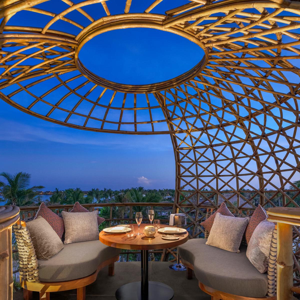 The interior of a Terra dining pod at Waldorf Astoria Maldives Ithaafushi — Bespoke/Destination Dining has no dedicated published photo, so this dining-pod interior stands in here