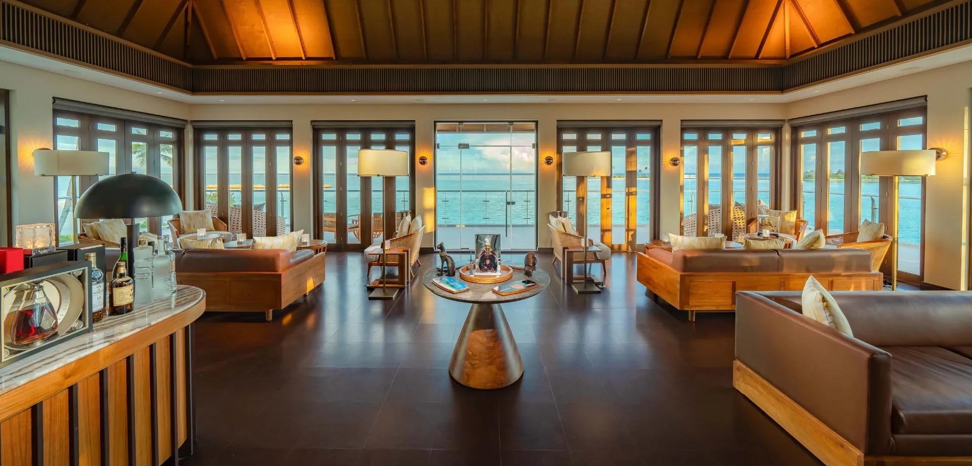 The leather-clad interior of the Exclusive Whiskey & Cigar Lounge at Kuda Villingili