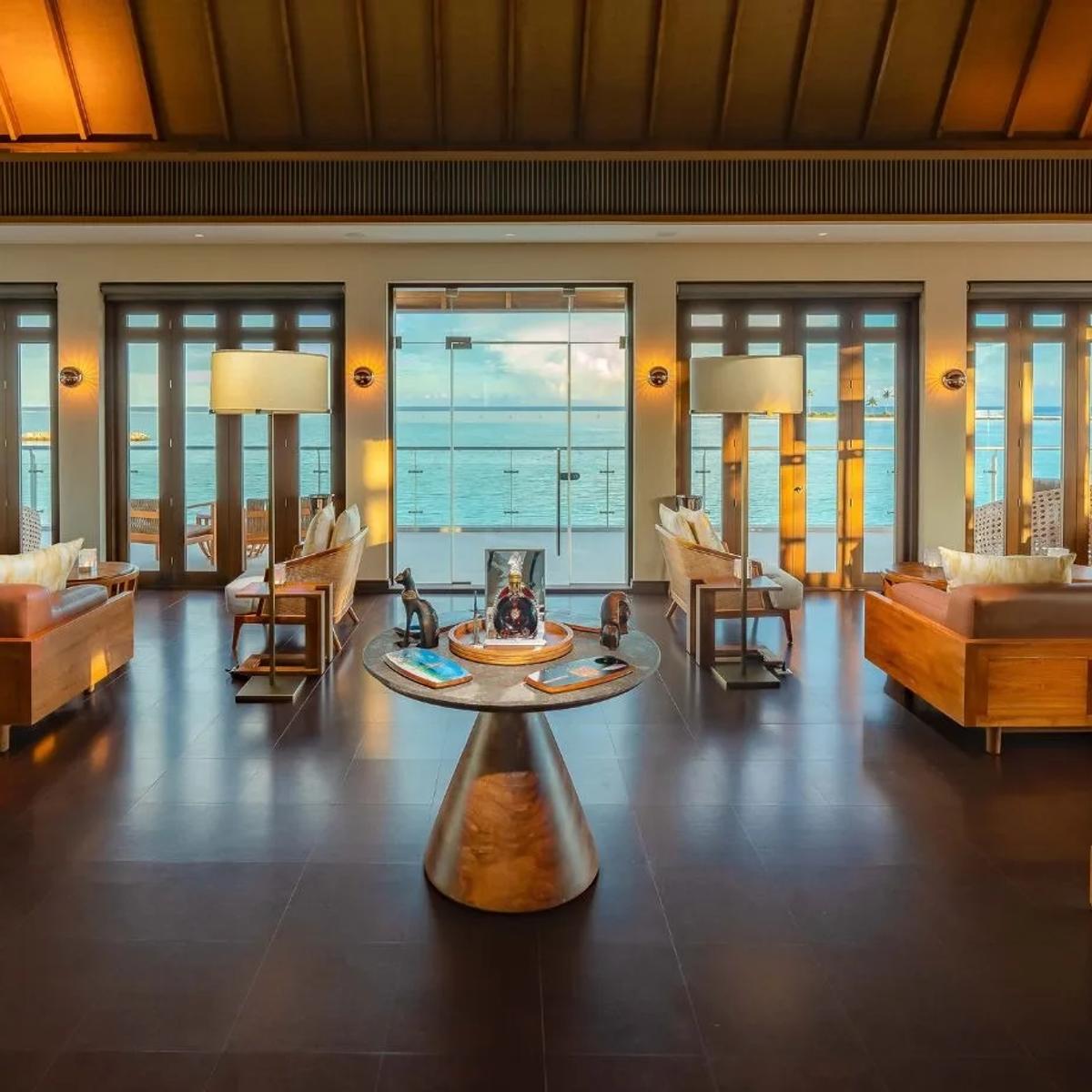 The leather-clad interior of the Exclusive Whiskey & Cigar Lounge at Kuda Villingili