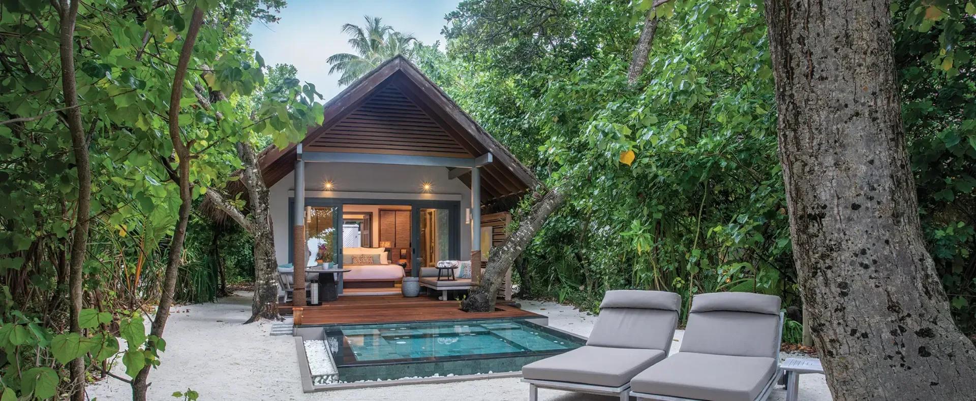 A thatched-roof Beach Villa with Plunge Pool set among jungle trees, its private pool and sun loungers on a sand terrace