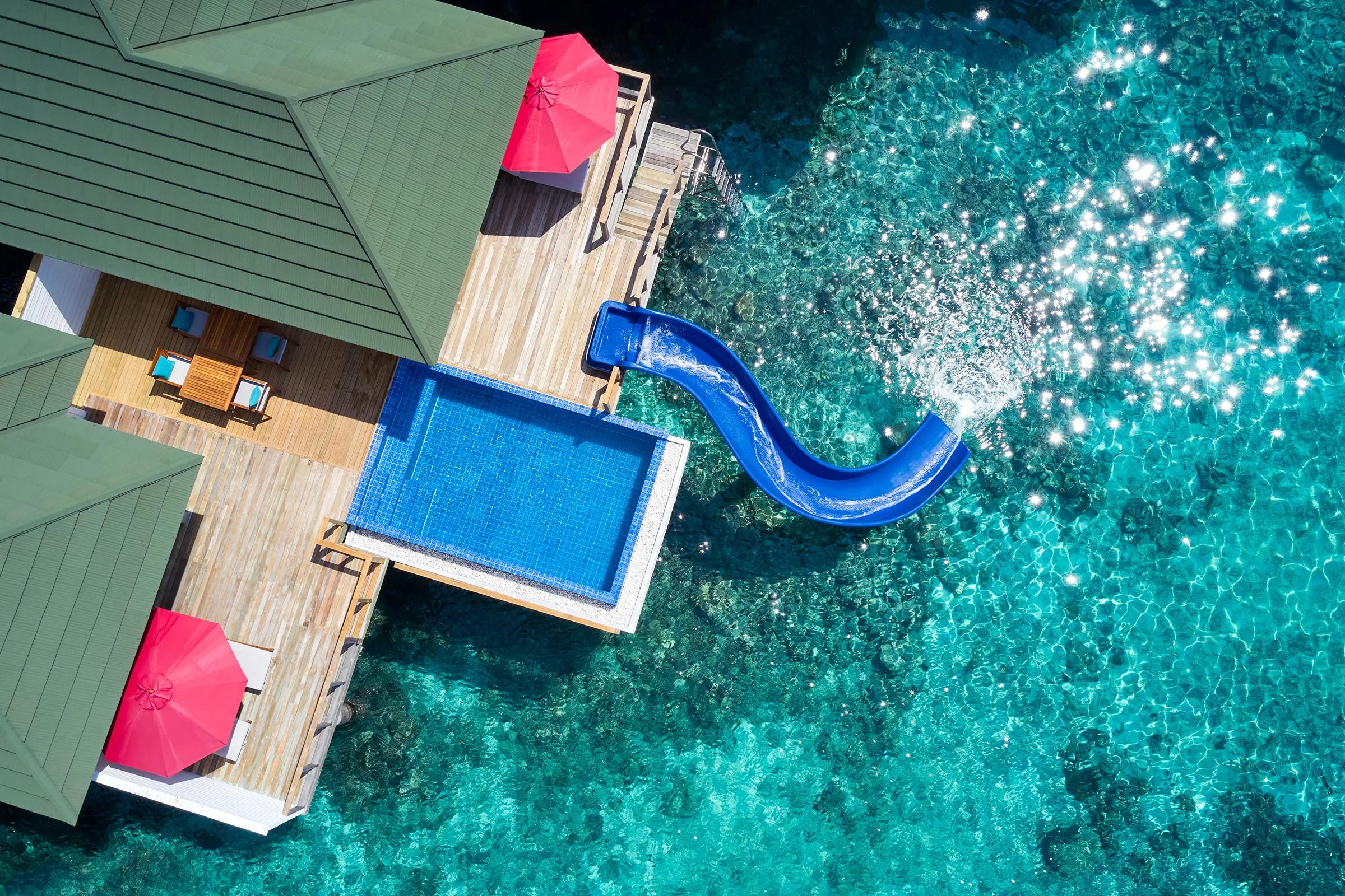 A Two Bedroom Lagoon Villa's pool and deck at Siyam World, seen from above