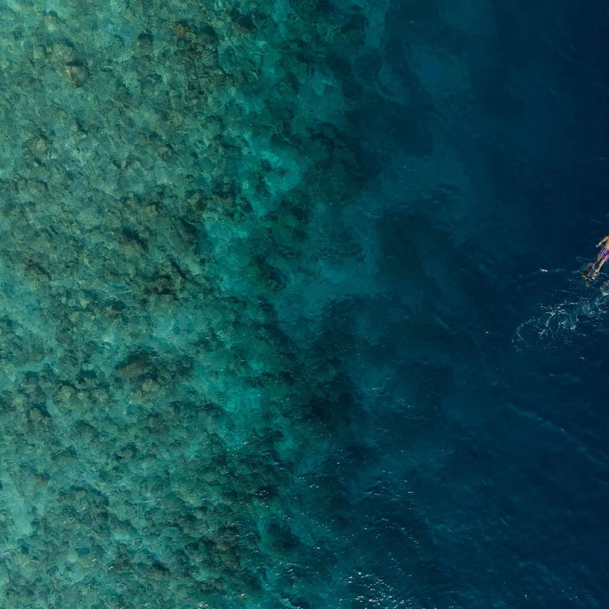 An aerial view of Emerald Maldives Resort & Spa's private island in Raa Atoll, beach and overwater villas ringing the lagoon