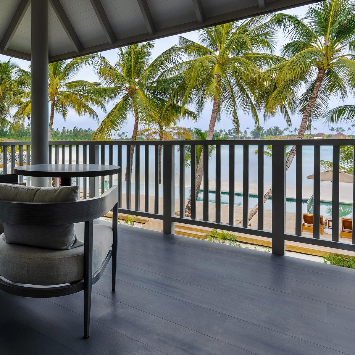 View toward the beach and pool area from a Main Island villa — the closest photographed reference for Sunrise Bar, which has no dedicated factsheet photo